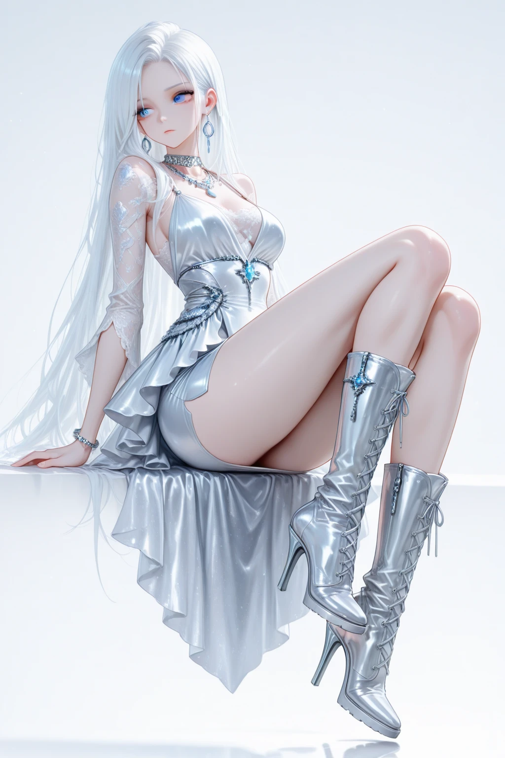 Full body, beautiful grey eyes, blush, cute face, high quality, 8k, high resolution, (1 cute woman, solo: 1.1), gigantic breasts, lips, beautiful background, long grey hair , shiny grey crop top, shiny grey skirt, shiny grey gloves, shiny grey heel boots, naked shoulders