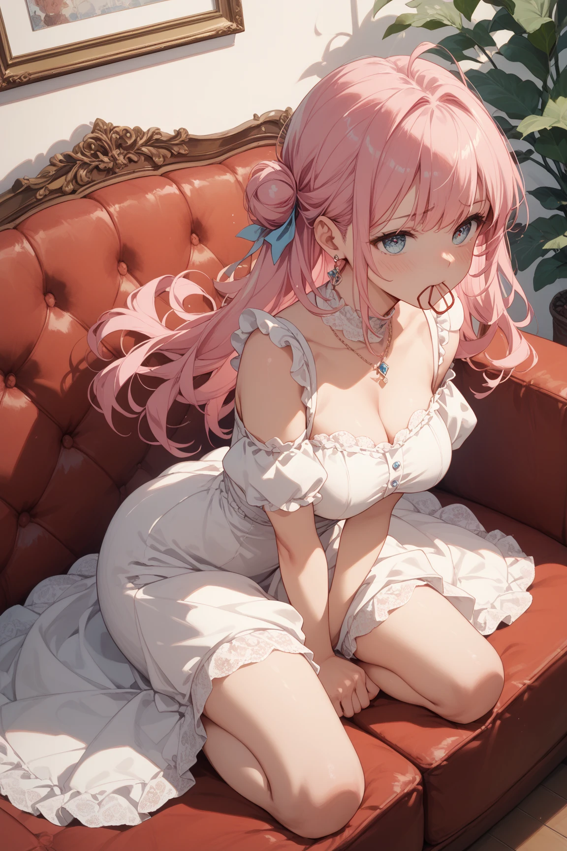 A girl, long pink hair, white slip dress, delicate face, thin waist, milky skin, sexy, clear cleavage, inside the café, sitting, surprised, slightly frowning
