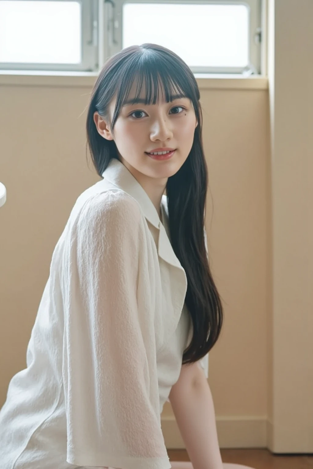 A young Japanese beauty, Smiling, Neat face, Eyes and nose are not distorted, White dress shirts, red leather tight miniskirt, the skirt is very short, The hem of the skirt is not loose, Sitting, spreading legs, Knees open, Show white panties, face and body facing forward, The background is a white wall, soft light rays