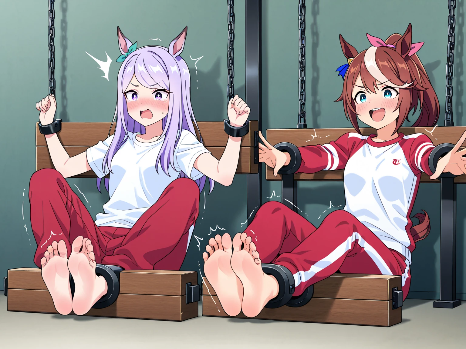 akazutsumi_momoko, orange hair, pink vest, pink skirt, looking at viewer, black fingerless gloves, young, looking at viewer, smile, cartoon, ribbon, long hair, sitting, couch, footjob, foreskin