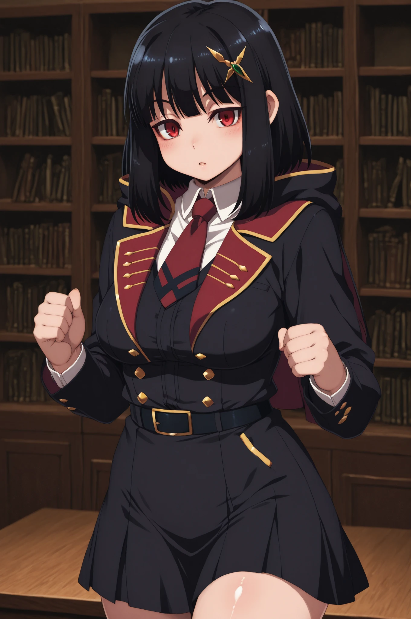 masterpiece, highest quality, 1 person,( Large Breasts, Are standing, View Audience),Detailed Background、A person who writes in detail、Accurate human body、Knowledgeable person、Five correct answers、Mature Woman,Thick thighs,cruvy body,solo,sirius symboli, horse ears, horse tail,green jacket, collared shirt, fingerless gloves, green pants, choker, belt