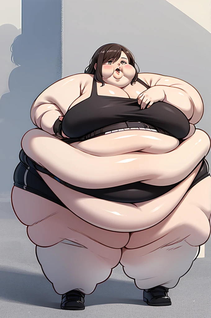 (Red eyes)(Morbidly obese:1.0), (zoomed out) smile, teeth, evil smile, (full body:1.0), tall, evil eyes, Black hair, dark skin, 1girl, solo, horns, monochrome, greyscale, giant breasts, abnormally huge breasts, humongous breasts,phalia,underwear, elbow gloves, thighhighs, huge breasts, Round face, double chin, fat chin, fat cheeks, fat neck, round face, SSBBW, flabby arms, round face, double chin, fat double chin, big double chin, fat neck, chubby cheeks, fat thighs, fat calves, morbidly obese, flabby boobs, giant boobs, large belly, obese, fat face, belly, double chin, obesity, flabby breasts, fat arms and legs, fat everything,
