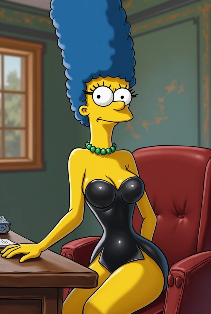 score_9,score_8_up,score_7_up,score_9,score_8_up,score_8,ultra detailed,beautiful face,beautiful hands,detailed background,detailed face,4k,HD,8k,highres,antialiasing,detailed,Marge, Marge Simpson, 1girl,solo,looking at viewer,smile ,smug smile, blue hair,medium breasts,black eyes,grin,leotard,bodysuit,covered navel, cowboy shot,room,room background, squatting, inflatable body, inflatable skin, latex skin, shiny skin, rubber skin, plastic skin, inflatable hair, plastic hair, shiny hair, rubber hair, latex hair, futanari, horse cock futanari, horsecock, cum dripping from tip of cock into condom, cumming into condom, cumming, comdon filling, grabbing own cock, huge condom, condom balloon, transparent green condom full of cum, whole character in view, hard nipples, green latex thigh-highs, platform heels, extra tall platform heels, green latex elbow gloves, 