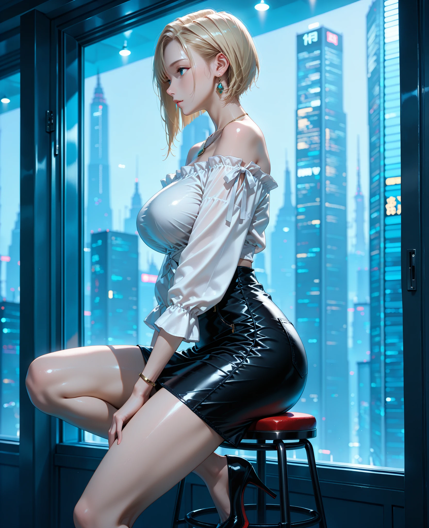 (best quality, 8k, highres, photorealistic:2.0), (solo, one girl:2.0),(lighting: front),(lighting: strong),(Russian Beauty:2.0),(very muscular girl:2.0),(bodybuilder girl:1.5),(shiny skin:1.5),(oily skin:1.5),(platinum blonde hair:1.5),(Squat down with both knees up and spread your legs apart:1.5),(raise both arms behind your head:1.5),(high heels:1.5),(lewd girl),(cyberpunk location:1.9),(amazing orgasm),(((Wearing a pearl white latex long sleeve tight dress))),