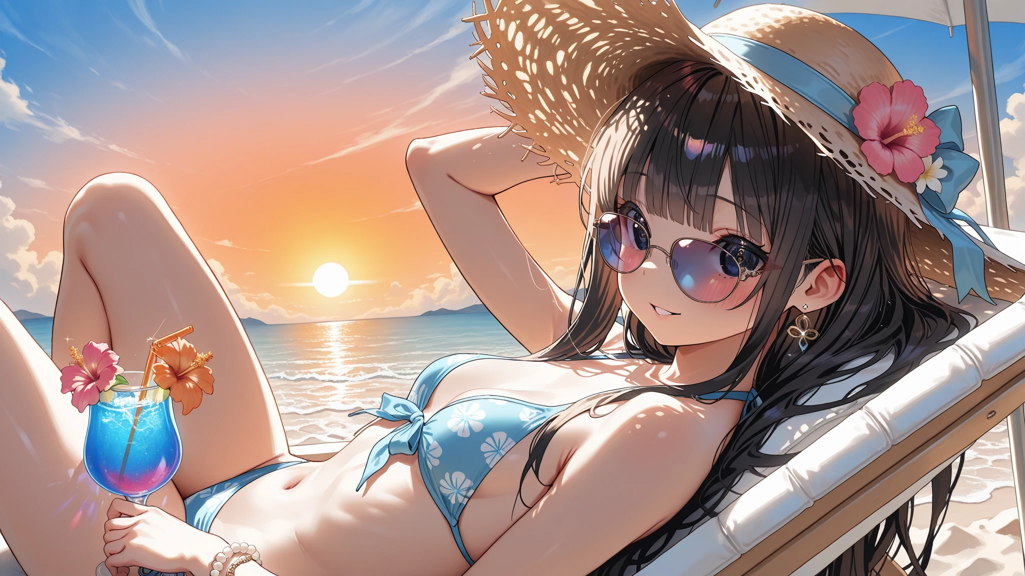 ((Top Quality)), ((Masterpiece)), ((Details)), perfect face, perfect body, sitting by the beach, listening to music, wearing headphones, wearing swimsuit, transparent swimsuit, wearing clothes exposing tight hips and breasts Woman with face visible, sitting with legs apart