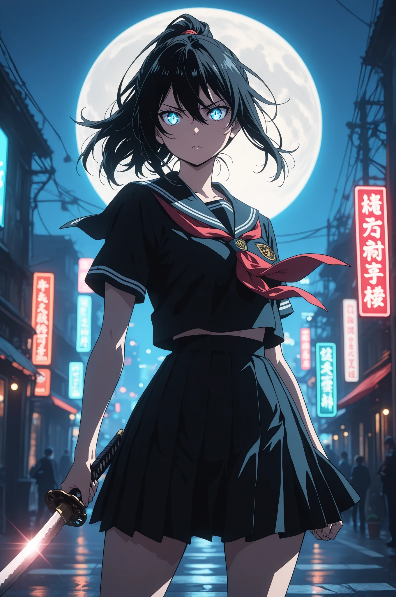 (masterpiece, best quality:1.2), UHD, retina, highres, 4K, 8K, ultra-detailed, highly detailed, super detailed, anatomically correct, perfect , detailed hands; 1girl, solo, high school girl swordswoman, wearing school uniform, holding a single katana with both hands, confident stance, determined expression, dynamic pose with skirt fluttering, black hair tied in a ponytail, sharp eyes, one sword only, no dual wield; full moon above, neon-lit modern city at night, subtle mist at her feet, shadows of youkai lurking in background; clear line anime style, vibrant and bright colors, cinematic moonlight, glowing reflections from signs, high contrast lighting; anime illustration, sharp focus, clean lineart