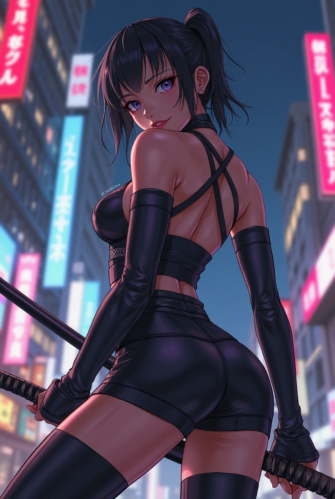 (1 mature female ninja,Age 35), ((Pub,guild)),(smile),Dynamic pose,Dynamic Angle,Pose for a photo,From below,Elderly woman、Trading Card Game Frames、Highest Rare、Five Fingers、Signature mark、Big Butt、Black Hair、Fighting Pose、Ninja costume、Full Body Suit、kunai、Japanese style cyberpunk、A ninja running through a modern city、Short Hair、Fox Mask