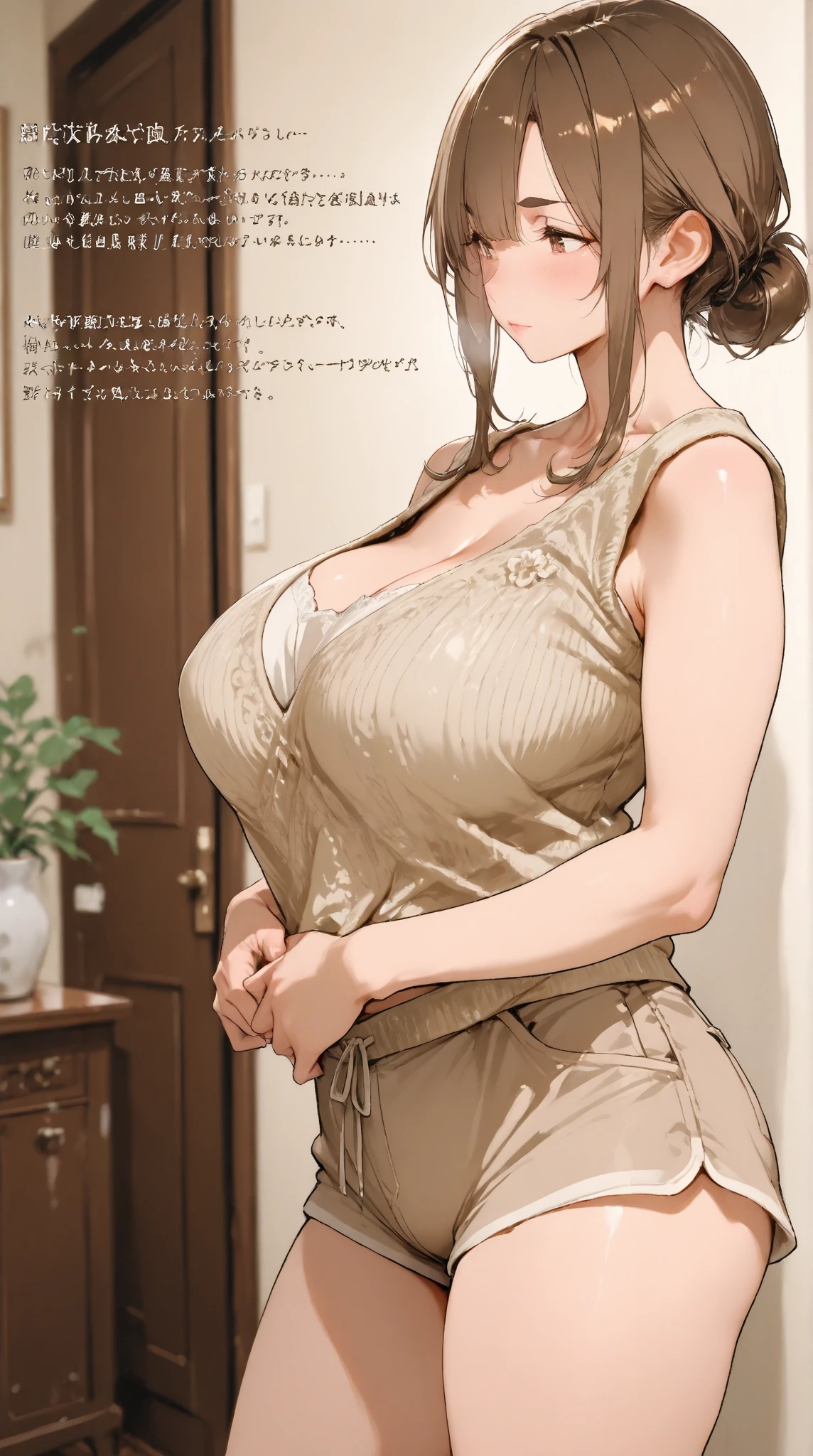(be familiar with, masterpiece, highest quality, Complex),

cowboy shot, Kyoka Tachibana,

(((big breasts、jav cover:1.8, pov:1.8,))), 
1 girl, alone, 
cute eyes, beautiful face, perfect round butt, 
fit and body, female pervert,


alone, pale skin,
blue eyes, ((beautiful mature woman)),
(Grey tight long dress with a large open neckline:1.2/ & thin cardigan), clavicle、Lazy face、enchanting smile, naughty face, Sweat, vapor, embarrassed, blush, Excited, ((spoken heart, Lines、gasp, Sound effect))

