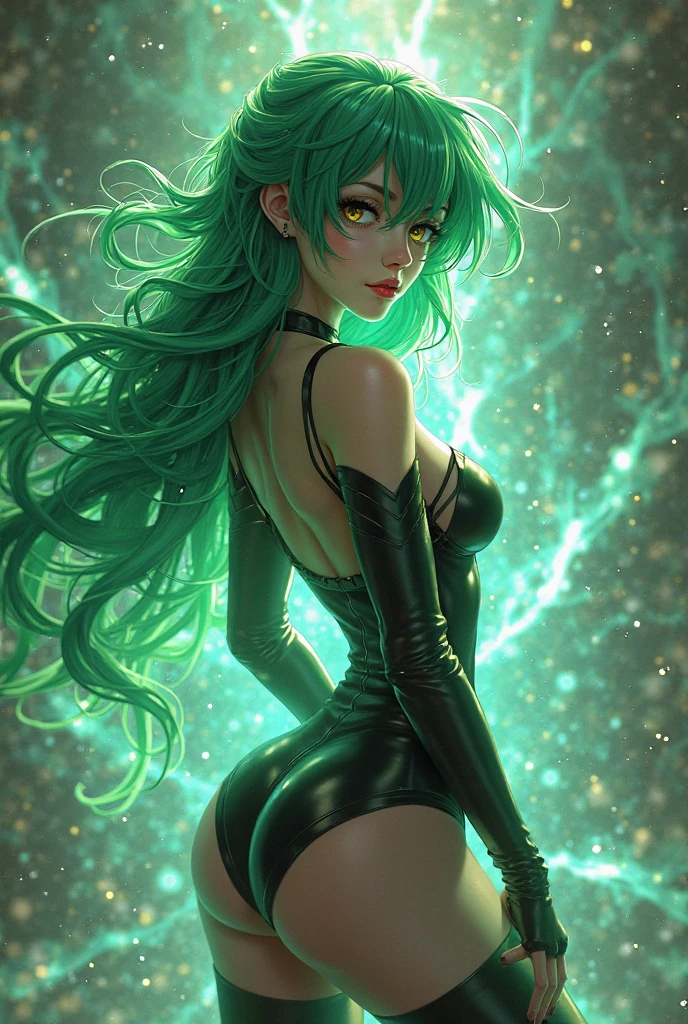 1girl,solo, Tatsumaki, black dress with high collar, long V-neckline, hands on hips, more_details:1.5, pelvic curtain, flat chest, flying, from front , focused, bare legs, floating, beautiful eyes, pupils, thighs, levitating clothes, arrogant, closed mouth, angry, tatsumaki, green eyes, green hair, more prism, vibrant color
