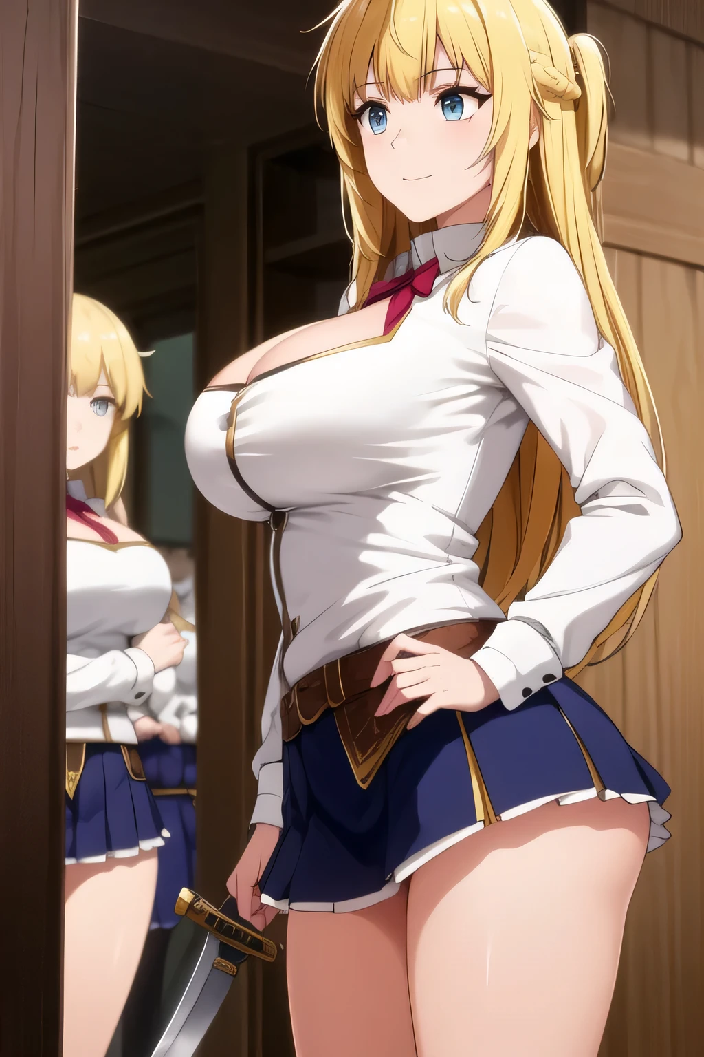 (Masterpiece, top quality, highly detailed, 16K anime high resolution, anime style, clean brush strokes, highly detailed, anatomically perfect body), 1 girl, ((lalatina dustiness ford)), ( perfect face, very detailed), smile, beautifully detailed eyes, purple eyes, (long hair, (green eyes: 1.3), blonde, hair ornament, ponytail, braid, x hair ornament), tabletop, (big breasts: 1.1), (Sailor suit, blue collar, white line), (Red tie), Smooth body line, Wide waist: 1.0, Big butt: 1.0, Beautiful legs, (SEXY pose), Wearing a navy blue skirt, Facing this way, (Medieval city background), (Front photo, shot from below),