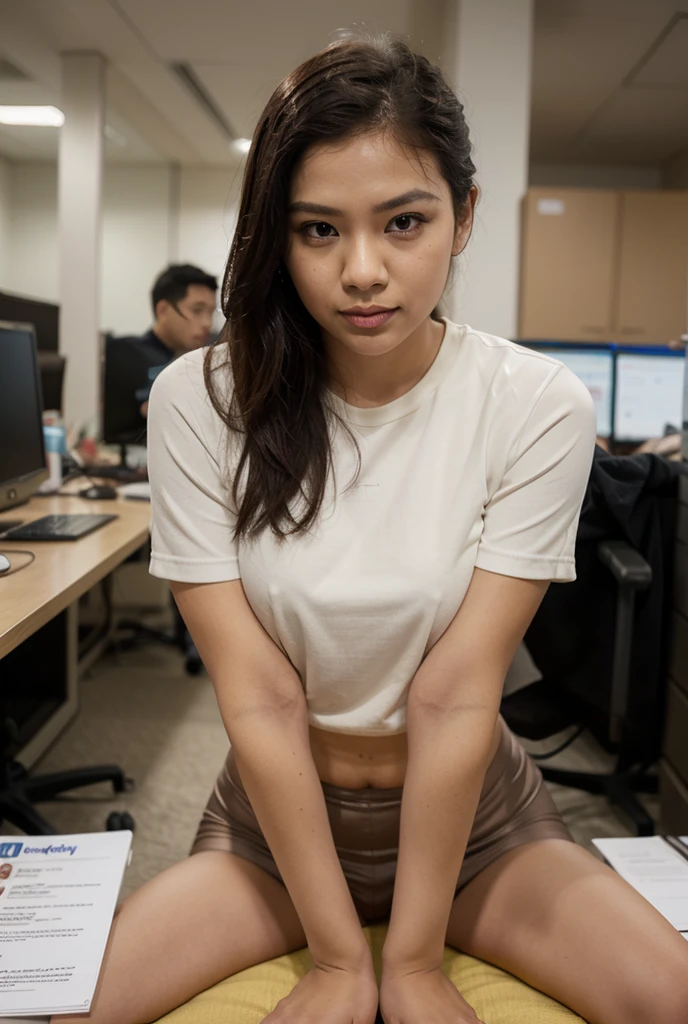very cute, extremely detailed eyes and face, eyes with beautiful details, Japanese idle (Japanese actress), (20yo),((nude,nsfw,nipples,spread pussy)),extremely small breast,short bob cut hair,twintail hair,extremely detailed plump lips,street snap,armpit hair,from next,((right next to me)),((extremely tanned and sweaty face in midsummer:1.2)),((cowboy shot in holiday office)),((smiling at me,extremely pissing pussy)),((spread legs and splead pussy,extremely gigantic gaping monster pussy close up)),((extremely dark pubic hair)),pussy juice,pussy juice on office desk,overflowing pussy juice,computer,copy machine,video camera,office worker,((flat chest,minimum body,thin body))