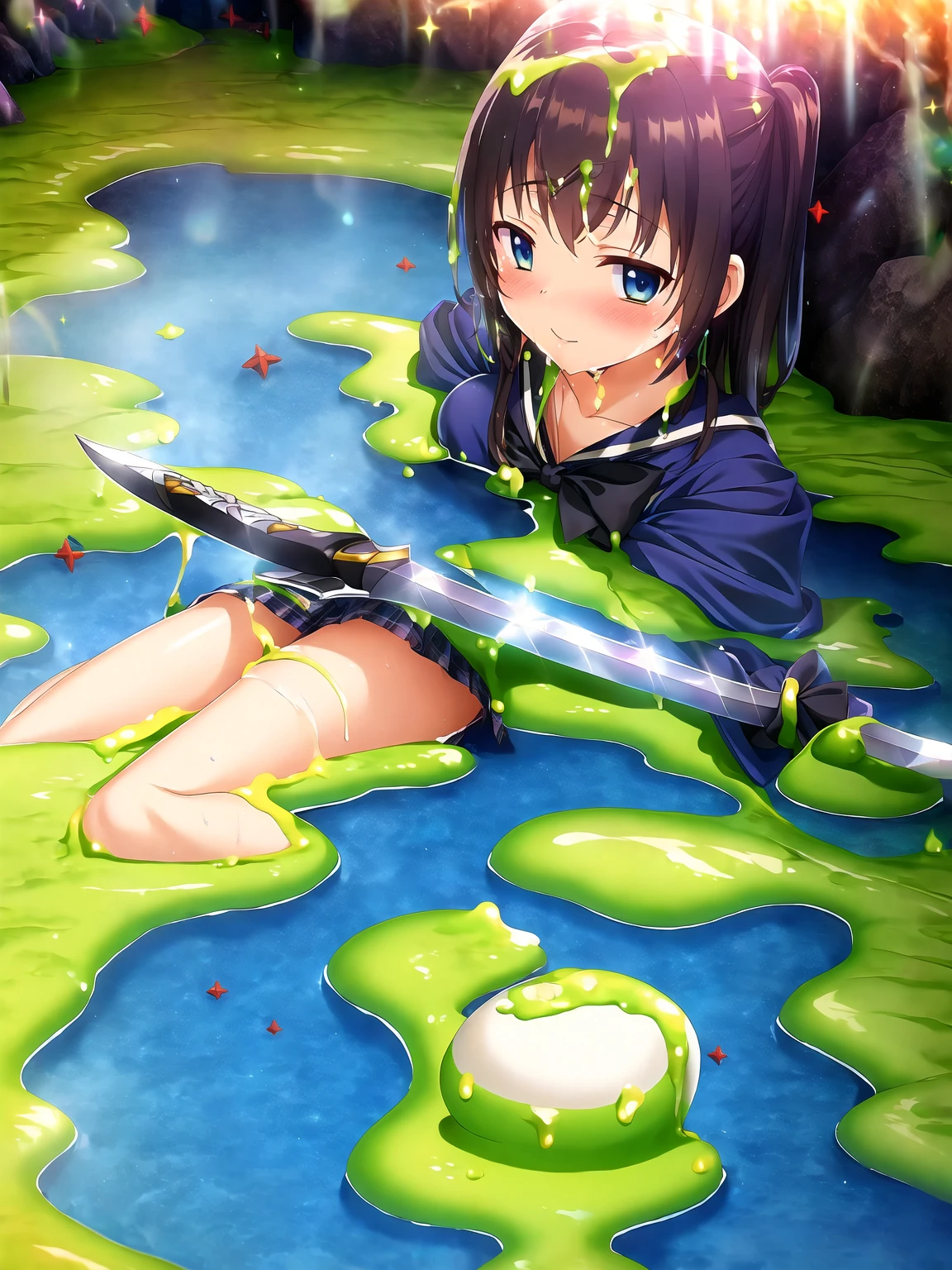 portrait, sharp focus, soft lighting,, , illustration, depth of field, (bloom:0.4), kagomexl, long hair, black hair, brown eyes, bangs, , serafuku, sailor collar, red neckerchief, anime coloring, cloth gagged, underwater background, shibari, hands behind back, eyes closed, show full body, underwater background, coral reef, face turning blue from oxygen depravation, looking above, tied up with tape and rope, ball and chain on one leg, legs bound, wrists bound, white cloth gag over mouth, subject off center to the left, legs and ankles tied up, , white cloth gag, angry and panic expression, panicked and struggling, dark green skirt, pink panties, ball and chain anchoring her to ocean floor, feet encased in cement, shibari around legs, cement block encasing her feet