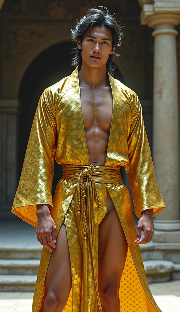 (absurdres, highres, ultra detailed, Ultra HD), ((tall handsome muscular man, solo, male model modern clothing, Full length portrait: 1.5, wearing colourful new fashion clothes)), beautiful, gorgeous, wet, mature, perfect eyes, sexy gaze, (looking at the viewers romantically), perfect body, smooth skin, a hot glow in his skin, wide chest, largest breasts, extremely large pectorals, big nipples, breathtaking grandeur, model pose, colorful, artistic, focus on his calm facial features, elegant look, sexy posture, full body view,