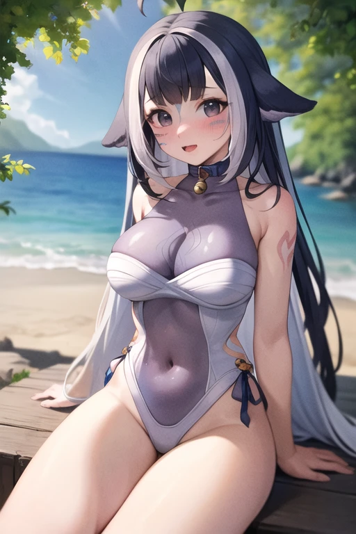 (masterpiece), (ultra-detailed), best quality, 8k, 1girl, solo, outdoors, beach, ocean, shylilybikini, :3, large breasts, cleavage, shirt, bikini, thigh strap, navel, halterneck, criss-cross halter, facial mark, tattoo, cetacean tail, sitting, thighs, open mouth, fangs, tongue out, tongue, bare arms, arms behind back, heart ahoge, 