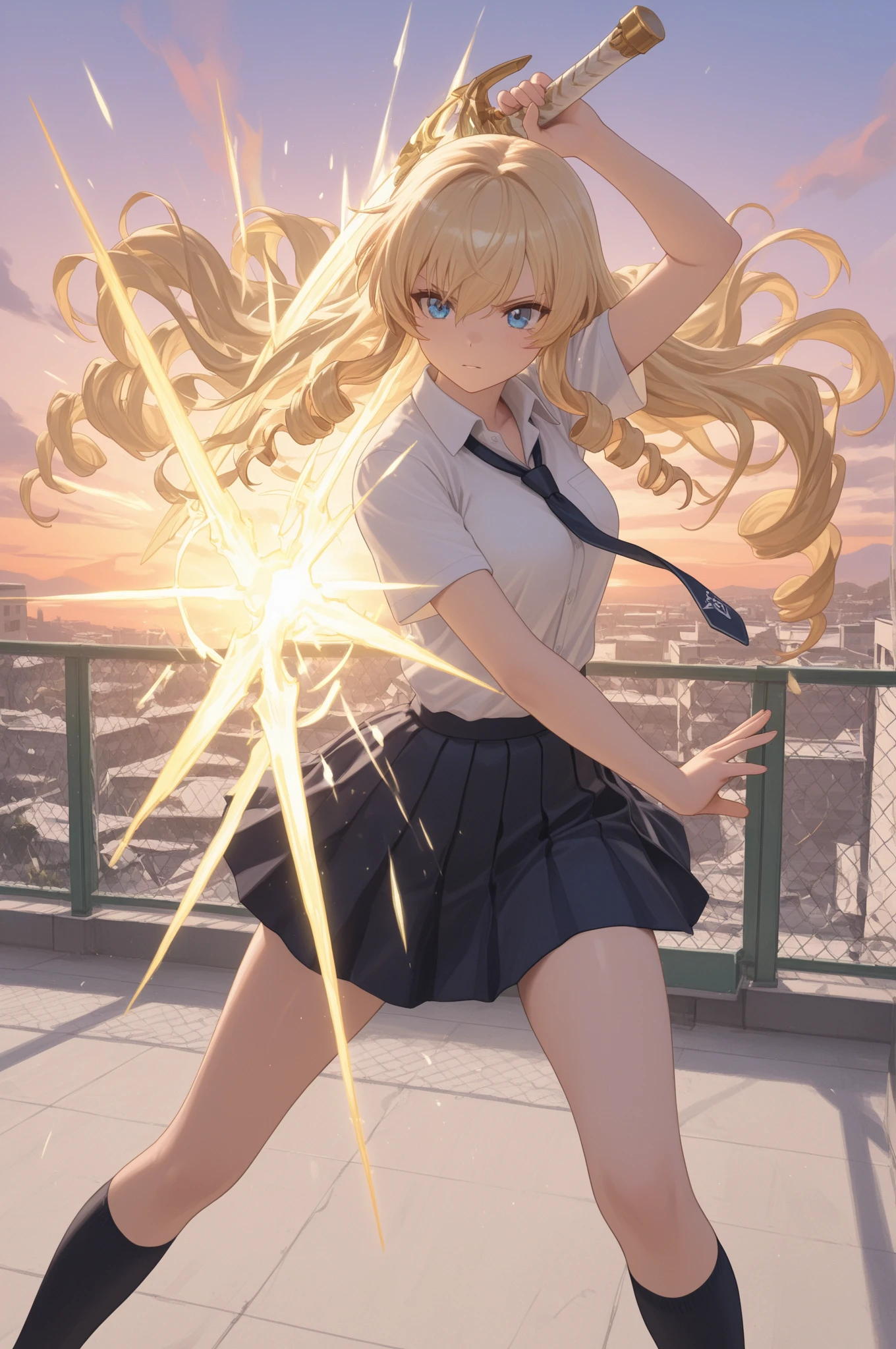 Masterpiece, blonde, long hair, nightclub, white shirt short sleeves, black dress, miniskirt, pleated skirt, tattoo, collar, nsfw