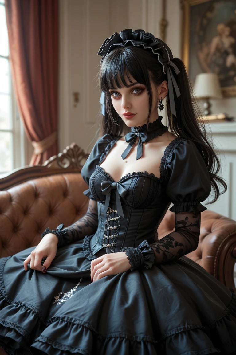 A young woman with long black hair styled in two braids and wears minimal makeup with dark eyeliner, sexy goth, Wednesday Addams (Jenna Ortega). The setting is a old Victorian bedroom with McCabe ornate decorations with a (Duotone {red and black]) silk bedspread. Painting on the wall of famous monsters taking a family photo. She is wearing black ornate fabric choker, black corset, black short feathered dress with black stockings. A peculiar, lifelike severed hand is placed on the bed next to her, adding an element of mystery. The lighting is eerie, coming from an unseen source, creating a since of mystery and intriguing atmosphere.