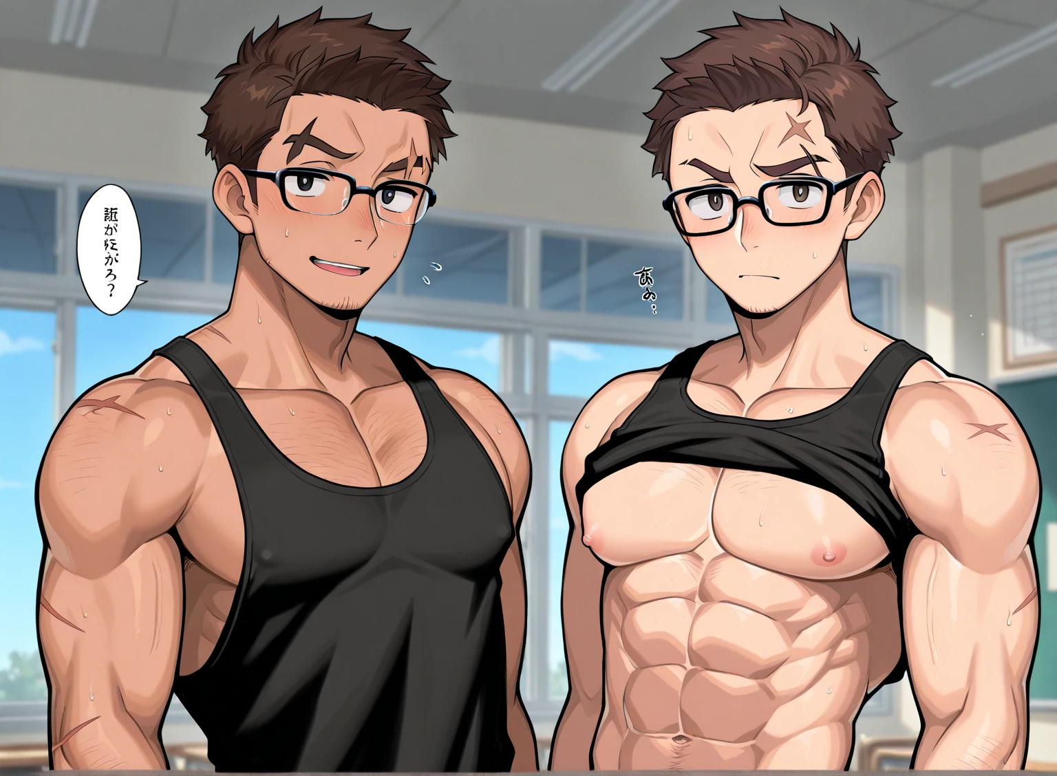 High quality, Masterpiece, College boy, Boy, Male, Short hair, handsome man, very disciplined and studious, He has a slim toned body and a thick rear, wears a black short short, making his voluminous large ass stand out, Male character, Orange crop top, Short Black messy boy hair, High quality, rear pointed at camera, bedroom,