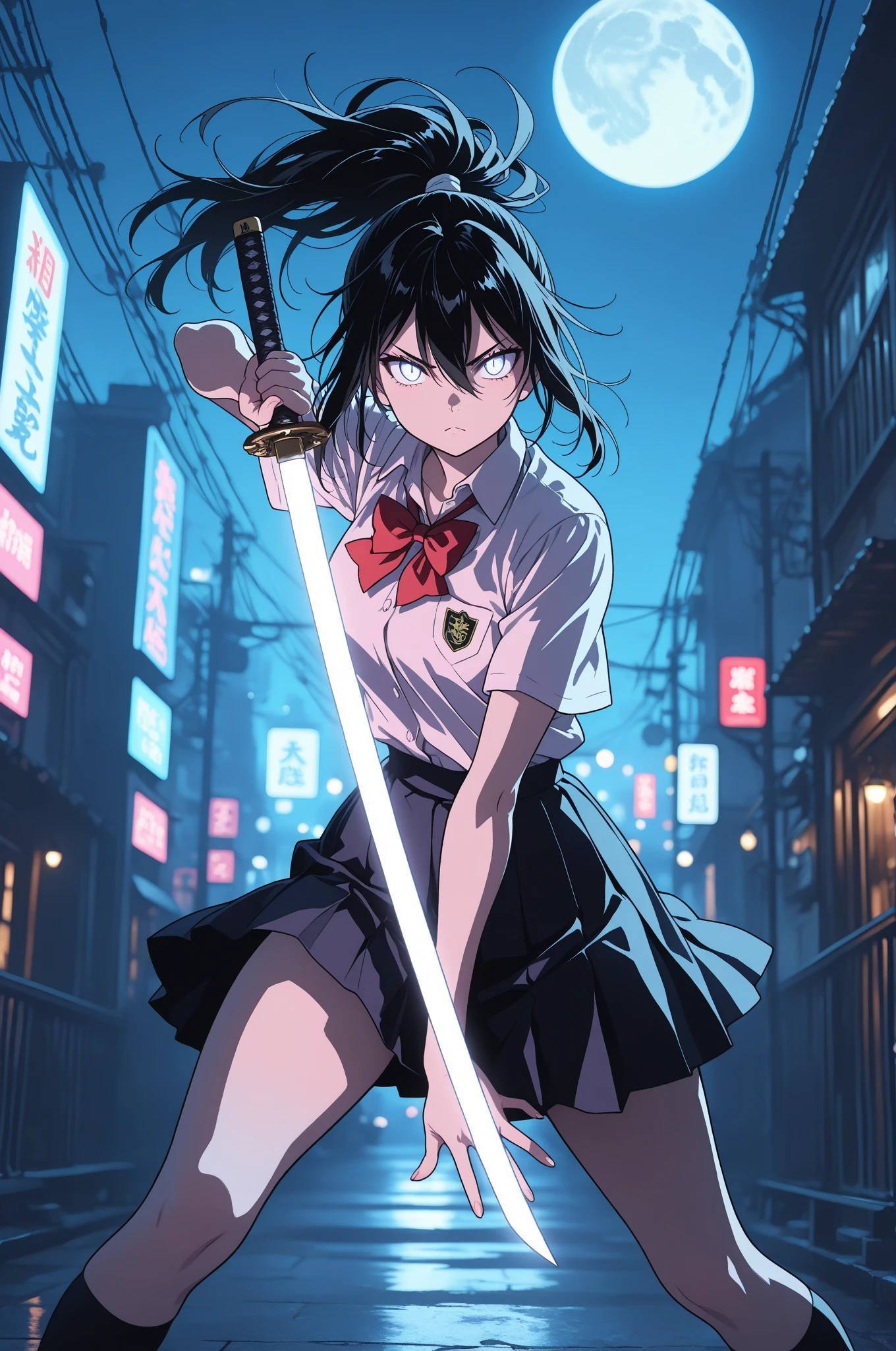 (masterpiece, best quality:1.2), UHD, retina, highres, 4K, 8K, ultra-detailed, highly detailed, super detailed, anatomically correct, perfect , detailed hands; 1girl, solo, high school girl swordswoman, wearing school uniform, holding a single katana with both hands, confident stance, determined expression, dynamic pose with skirt fluttering, black hair tied in a ponytail, sharp eyes, one sword only, no dual wield; full moon above, neon-lit modern city at night, subtle mist at her feet, shadows of youkai lurking in background; clear line anime style, vibrant and bright colors, cinematic moonlight, glowing reflections from signs, high contrast lighting; anime illustration, sharp focus, clean lineart