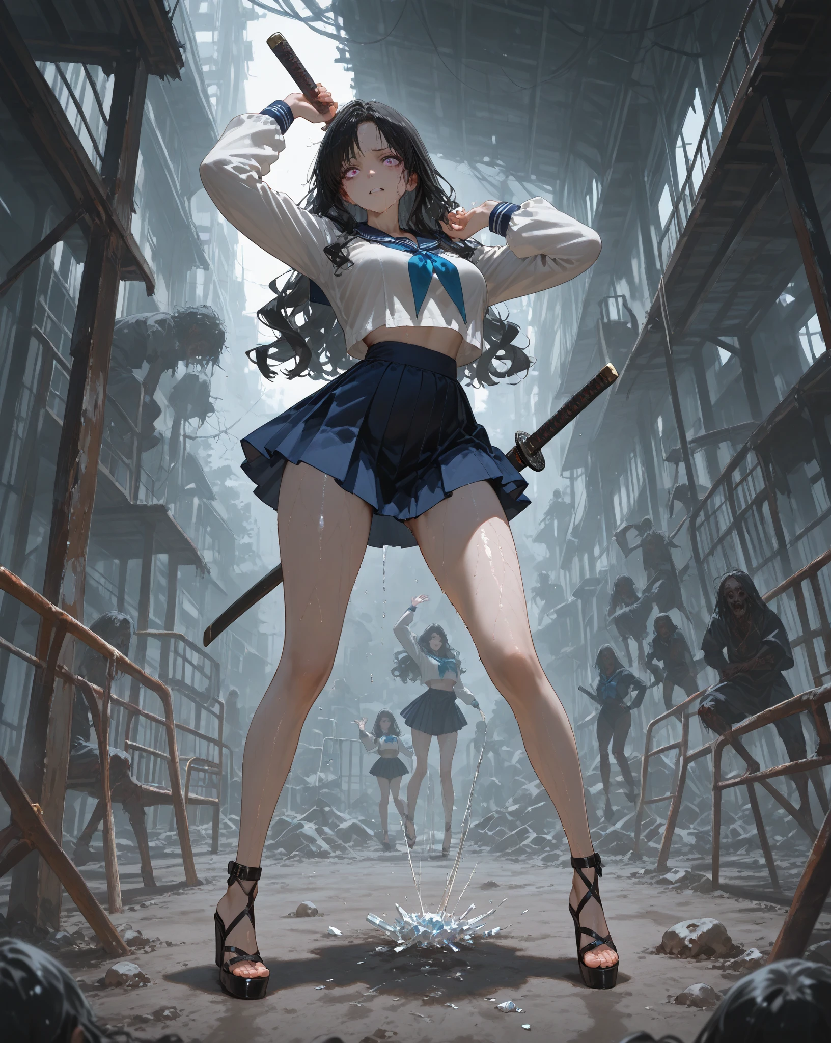 Anime Waifu beautiful detailed eyes, beautiful detailed lips, extremely detailed eyes and face, longeyelashes, 1girl, sensual, young woman, medium breasts, beautiful feminine face, nice thighs, slim, sexy, erotic, beautiful clothes, perfect body, cinematic lighting and framing, (best quality,4k,8k,highres,masterpiece:1.2),ultra-detailed,digital painting,portrait,glamorous,highly detailed,soft lighting,warm color tones a beautiful girl with a ponytail and black hair, smiling shyly with a blush, wearing a black sailor suit and pure white underwear, her skirt blowing in the wind, full body shot, masterpiece, ultra-detailed, cinematic lighting, vibrant colors, soft focus