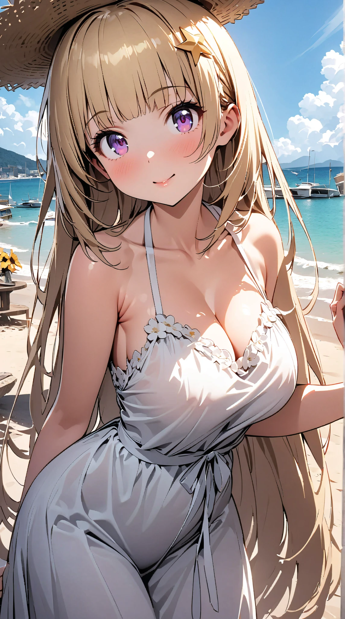 anime, beautiful face, highly detailed face, (2 accurate legs:1.0), green detailed eyes, highly detailed beach background, perfect lighting, best lighting, hair ornament, 1girl, solo, fischl, genshin impact, outdoors, on the beach, (beautiful blonde hair:1.2), absurdres, high res, ultrasharp, 8K, masterpiece, looking at viewer, loving smile, BREAK (detailed sexy beach bikini:1.4), (intricate all lace:1.2), (beautiful black heels:1.2), full body