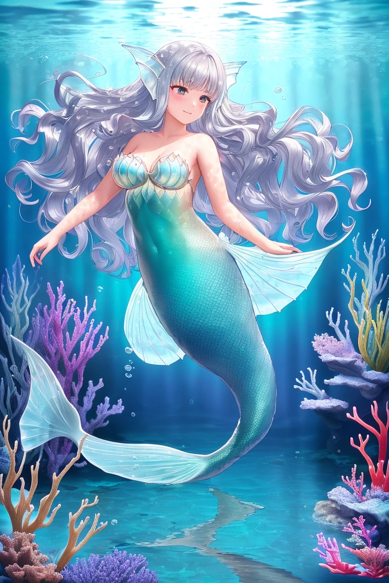 Mermaid swimming gracefully in the sea, Blue scales, The area below the shoulder is covered with fine scales., silber hair, Earlobes are fins, A scale arm covering that sticks to the skin, elegantly spread caudal fin,