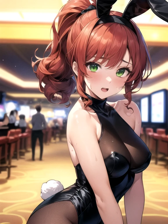 Arima Kana, (Red eyes:1.5), Bob Hair,smile,Redhead,Small breasts,(Bunny girl:1.5),(Black Playboy Bunny:1.0),Bunny ears headband,Fishnet tights,Stiletto heels,sitting cross-legged on a chair,whole bodyがイラストに入るように
break looking at viewer,whole body,
break indoors, stage,
break (masterpiece:1.2), Highest quality, High resolution, unity 8k wallpaper, (shape:0.8), (Beautiful and beautiful eyes:1.6), Highly detailed face, Perfect lighting, Extremely detailed CG, (Perfect hands, Perfect ???????),