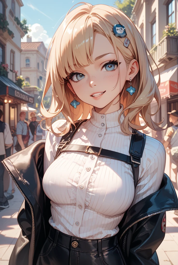 ((Highest quality、masterpiece、anime style、best quality、high resolution、8k、detailed、ultra-detailed:1.3))、Long legs:1.2, Beautiful woman with perfect figure:1.4、(Smiling:1.2), double eyelid、30-year-old female、((((One Woman,beautiful face,Beautiful face、London,upper body:1.5)))),Big Breasts、High resolution, accurate, Anatomically correct, High-resolution model, high quality, Very detailed, Ultra high definition, Textured skin,