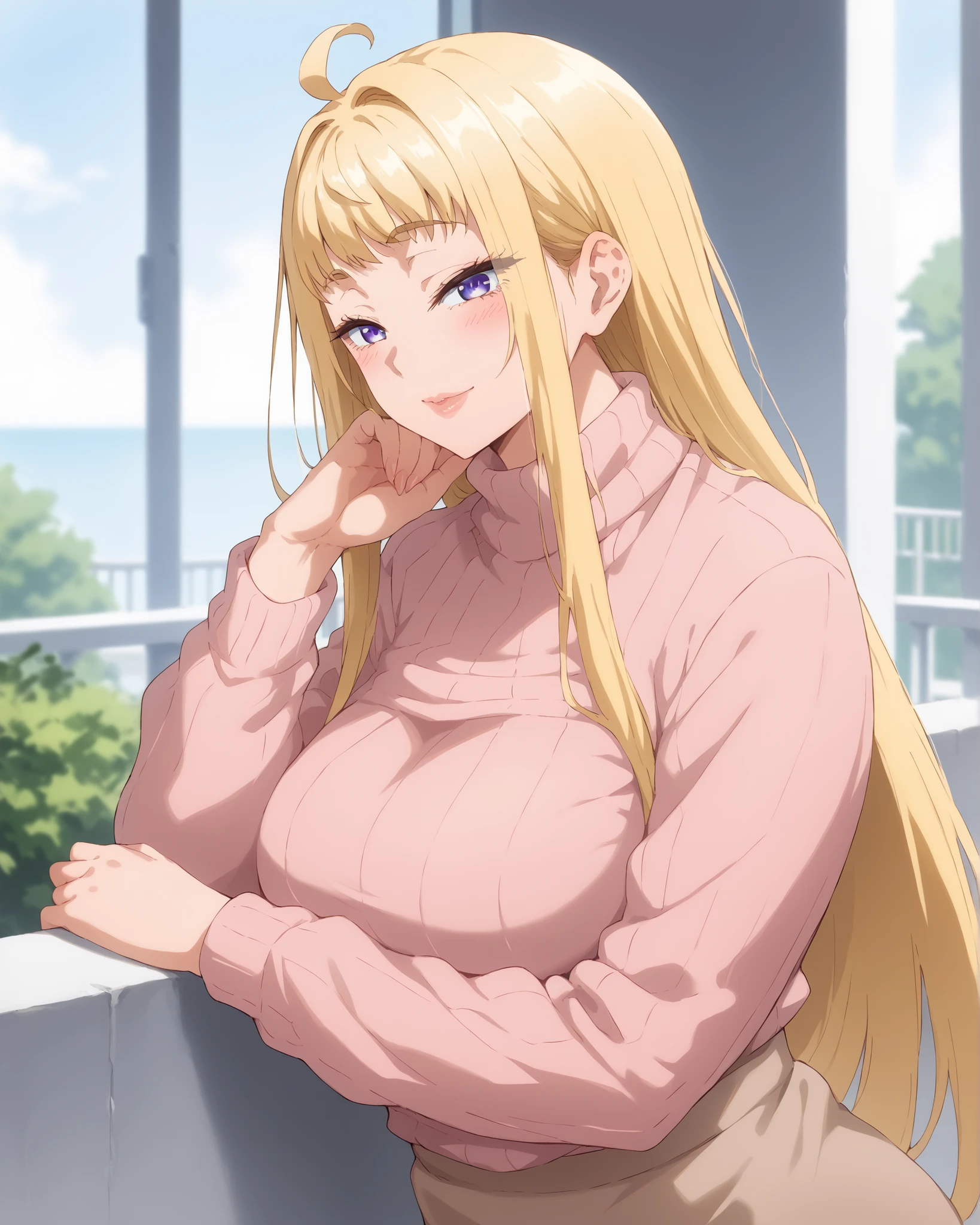 score_9, score_8_up, 36 yo milf, (close-up), mature female, milf, milfication, (mature woman artstyle), soft motherly look, long blonde hair, pale blonde hair, looking at viewer, minami fuyuki, long hair, blonde hair, purple eyes, ahoge, sidelocks, sensual erotic lips, SFW large naturally saggy erotic generous huge natural breasts, plus-size sexy body curves, (big mature woman with fertile erotic body and child-bearing hips), (large erotic fertile body), ((large erotic arms)), oh my god that arms are so sexy!!, bushy eyelashes, exotic soft eyelashes, blue HD eyes, light-colored pupils, (soft motherly warm erotic horny face so tender), cream turtleneck sweater, flowy beige skirt, European stone balcony, resting arms on railing, peaceful look, 3/4 body photograph of a cute and attractive young milf, optimized pose for photomodelling, BREAK, professional photoshot, BREAK, from side, (SuperQuality:1.0) ~ (SuperQuality:1.2)
