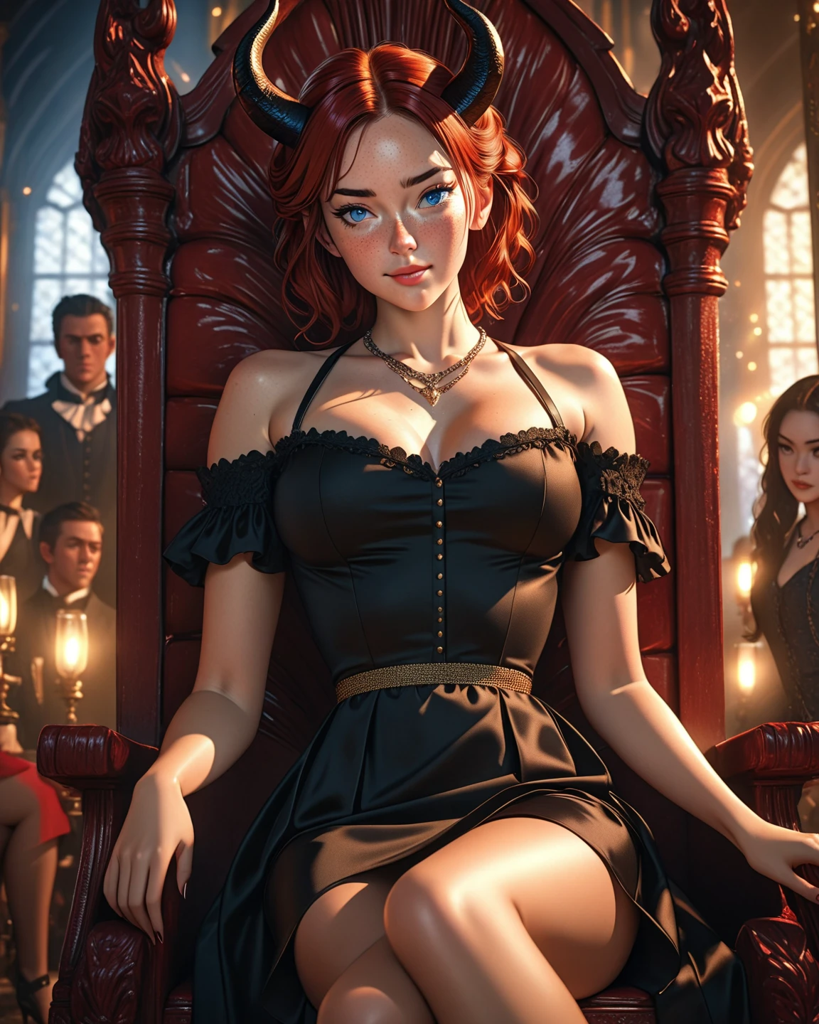 girl standing, red hair, red nails, red lips, sheer top, black skirt, black nylons, pantyhose, tights,