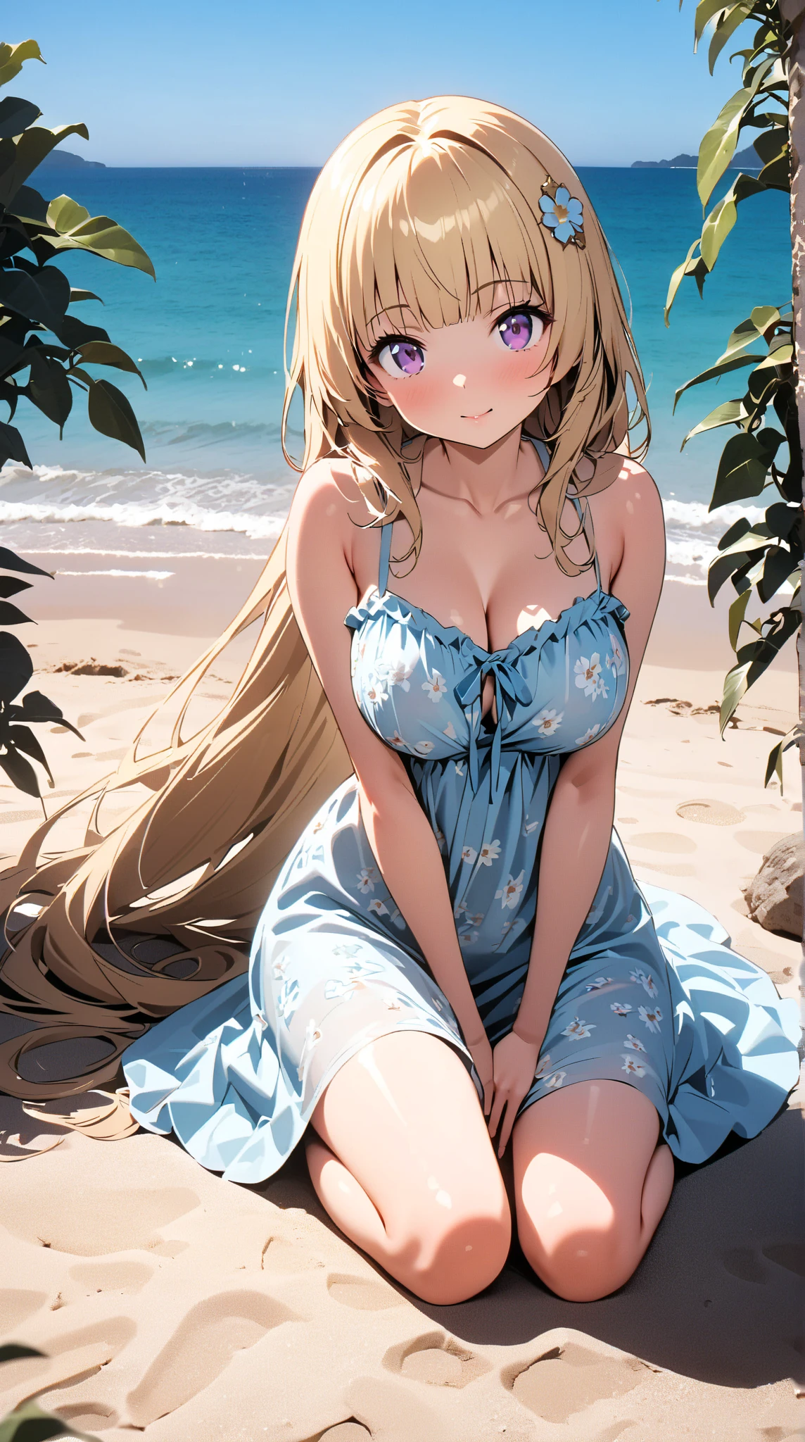 MGCM superbia, long hair, blonde hair, green eyes, <lora:MGCM_superbia_ep15:0.7>, BREAK large breasts, anmnr, <lora:anmnr01:0.17>, beautiful, masterpiece, 8K resolution, extremely detailed face, 1girl, Beautiful woman, 20 years old, eye highlights, negligee, <lora:negligee_v0.1:1>, blonde hair, <lora:luminous_hair_blonde:0.8>, cowboy shot, looking at viewer, smile, BREAK (sit on the fence:1.2), (lean on the fence:1.2), windy, wind lift, floating hair, BREAK anime background, outdoors, balcony, fence, white deck, ocean view, sea at dawn, island in the distance, tropical plants, sunrise, sunrise over the sea, <lora:flat2-dim1:-0.5>