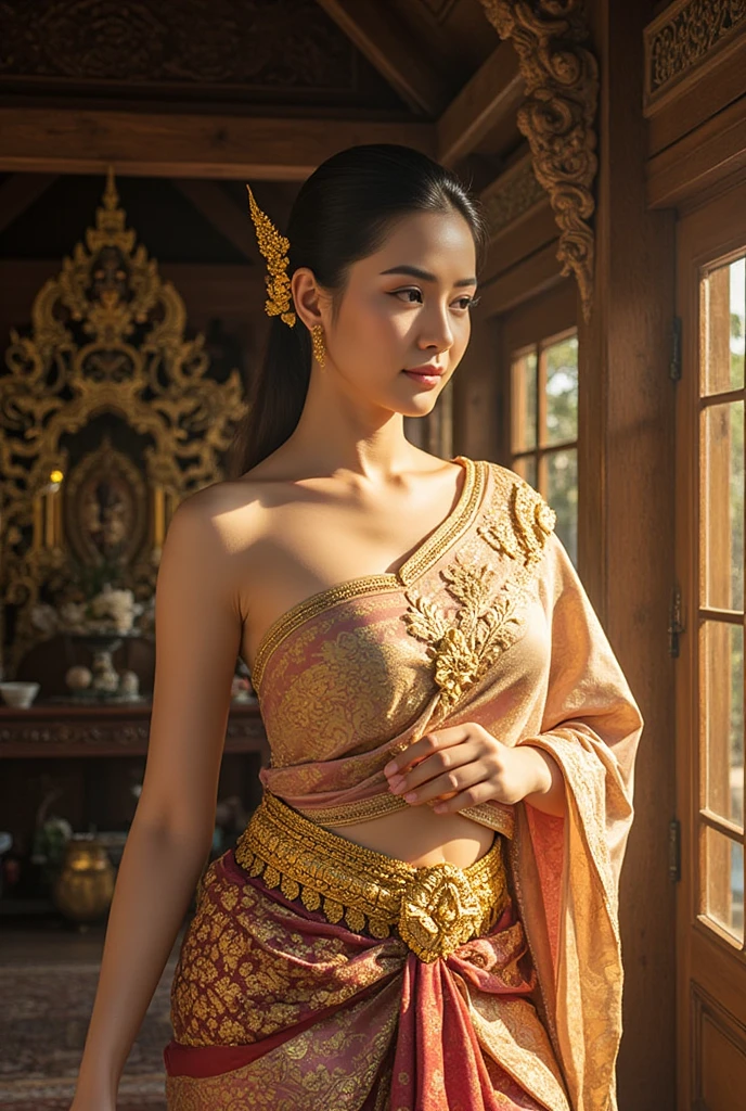 (raw photos:1.2), (realistic:1.4), (Masterpiece:1.3), (best quality:1.4), Ultra high resolution, (Detailed eyes), (Detailed facial features), (Detailed clothing features), HDR, 8k resolution, Focus only, Dressing according to Thai tradition, Traditional shawl , 1 woman , big breasts, A gigantic rift, big breastsดันเสื้อผ้า, big breast, The breasts are fully grown.., Make your breasts bigger.., small waist, Long legs, Facing the audience, full body, depth of field, Cinema-grade lighting system, big breasts, Too big for your body, Holding an ancient Thai sword, battlefield