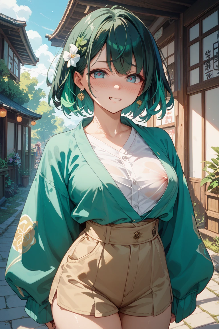 masterpiece、Background with((Fantastic starry sky))), (( Patient.))), (((((skinny))))), (((((big boobs)))), kosmoeteor swarm、(((((green bob hair)))),((((bob hair cut)))), ((((green eyes))), ((black nail polish))))Luminescent yellow flowers all over the place、flower field))、About 20 years old、a beauty girl、glamor、huge ti so big that it almost overflows from your clothes、Great embroidery on a red mini dress with a lot of exposed skin、No Shoulder、Exposing the chest、Taking it off、She wears her hair in a beautiful floral ornament、heavy wind、pantiy、Underwear is visible
