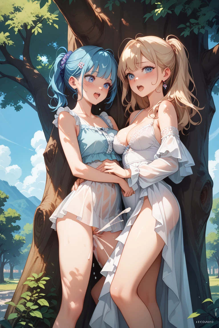 Women, blonde hair, blue eyes, naked , sexy body, full body, standing, in the park