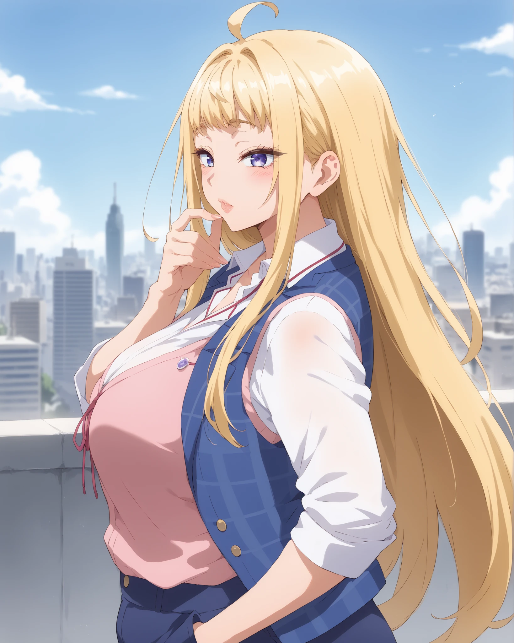 score_9, score_8_up, 36 yo milf, (close-up), mature female, milf, milfication, (mature woman artstyle), soft motherly look, long blonde hair, pale blonde hair, looking at viewer, minami fuyuki, long hair, blonde hair, purple eyes, ahoge, sidelocks, sensual erotic lips, SFW large naturally saggy erotic generous huge natural breasts, plus-size sexy body curves, (big mature woman with fertile erotic body and child-bearing hips), (large erotic fertile body), ((large erotic arms)), oh my god that arms are so sexy!!, bushy eyelashes, exotic soft eyelashes, blue HD eyes, light-colored pupils, (soft motherly warm erotic horny face so tender), loose white shirt, grey checkered vest, rooftop with cityscape, one hand in pocket, wind blowing hair, peaceful look, 3/4 body photograph of a cute and attractive young milf, optimized pose for photomodelling, BREAK, professional photoshot, BREAK, from side, (SuperQuality:1.0) ~ (SuperQuality:1.2)