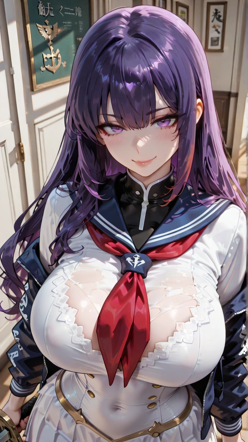 Hugob, nffsw, Purple hair, Long hair, Bangs, (Purple eyes:1.1), (medium breasts⁩:1.2),Blake Black Jacket, Black skirt, Collared shirt, Hair Ribbon, high waist skirt, Jacket, Long sleeves, Neck ribbon, Open your clothes, Open jacket, Pleated skirt, Red Ribbon, bow ribbon, Shirt, Skirt, sleeves past wrists, White shirt, Wide sleeves,BREAK looking at viewer,BREAK outdoors, BREAK (masutepiece:1.2), Best Quality, High resolution, Unity 8k壁纸, (Illustration:0.8), (Beautiful detailed eyes:1.6), extra detailed face, Perfect Lighting, extremely details CG, (Perfect hands, Perfect Anatomy),Naughty smile with mouth closed、NSFW,(vaginal,SEX),Cowgirl、(((1man with 1woman,Having sex)),girl on top,Straddling,SUI,bed),(Spread legs),(Squatting,Open legs),(Trembling girl )、1man、(Straddling a man:1.3)、(Penis inserted into the vagina :1.5)、(nipples are completely exposed,,:1.5),(teats:1.3),(shirts lift:1.3),(Open Shirt:1.3)