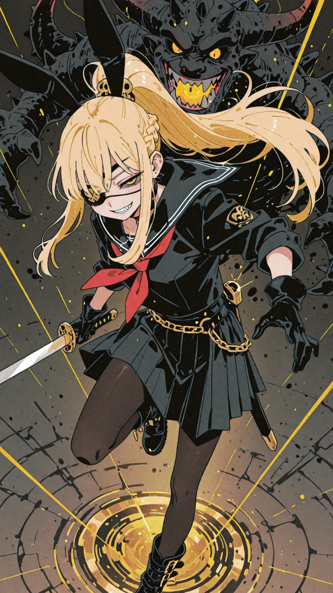 masterpiece, best quality, insanely detailed、  BREAK アニメ、 BREAK ((clean lines))、 BREAK high school girl、かわいい、beautiful、petite、medium skin、 BREAK Black rabbit ears、blonde hair、long hair、french braid、sidelocks、high ponytail、 BREAK Smoky golden rabbit skull hair accessory、Black sailor suit、red par tie、Black Pleated skirt、Black tights、Smoked Gold Rabbit design Black leather boots、Smoked Gold Rabbit design black leather gloves、Rabbit design Smoked Gold Chain、Rabbit design Smoked gold accessories、 BREAK Golden and black samurai sword with rabbit skull design、samurai sword  on back、 BREAK 片目、Eyepatch on right eye、Black leather eye patch with smoked golden rabbit skull、eye visible through eye patch、black pupil、Dark golden eyes、gray sclera、half closed eyes、tsurime、sharp teeth、snigger face、evil smile of clenched_teeth、 BREAK (dynamic pose)、(action pose)、((battle scene))、((Slash))、((rotating slash))、(Cutting)、(Round slices)、tilted angle、AND((Enemy giant))、
