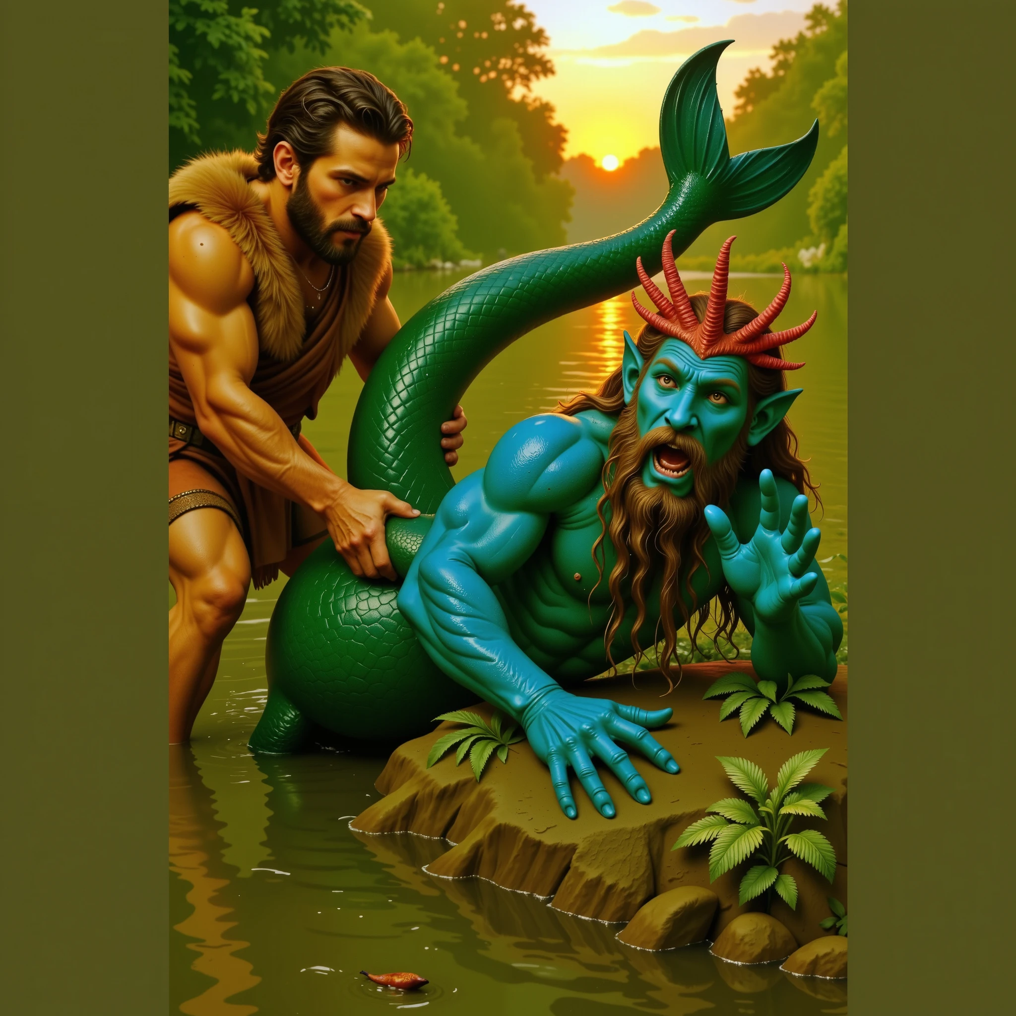 A realistic cinematic scene of Nereus, the triton, waking up startled on the riverbank at dawn. His cerulean-blue mottled skin glistens with morning dew and river water. His webbed fingers grasp at the mossy ground in panic. Hercules, wearing a lion’s pelt, grips Nereus's glowing triton tail firmly, initiating a legendary struggle. Nereus's seaweed-like beard and hair ripple with movement as he tries to escape. Coral-red horns crown his head, and his ember-colored eyes shine wide with alarm. The rising sun casts golden light across the dramatic scene, reflecting on the river and highlighting the tension between strength and desperation. Mist lingers above the water while distant birds herald the new day.