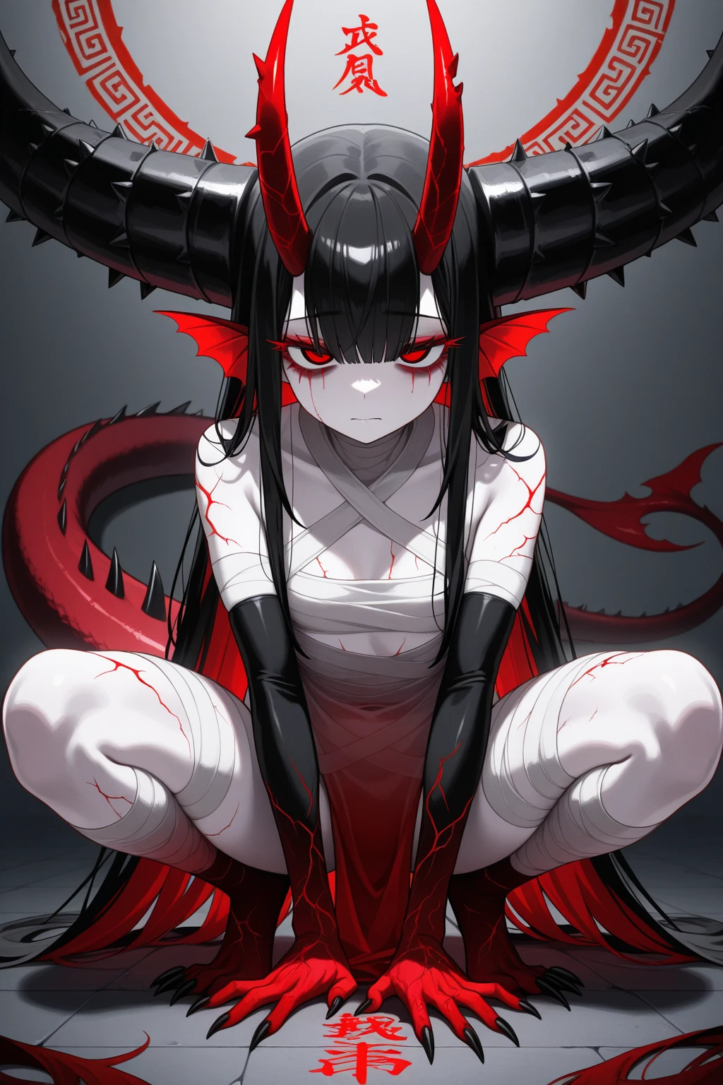 Devil Black hair Red eyes Long hair Red mesh Blindfold Bandages all over the body Excessive exposure Navel exposed ??????????? Long bangs Left eye hidden One eye hidden Long hair down to the waist Slender Girl Black bra Small ??????? Slime-like hair tips Black tears Slime-like hands black hand young