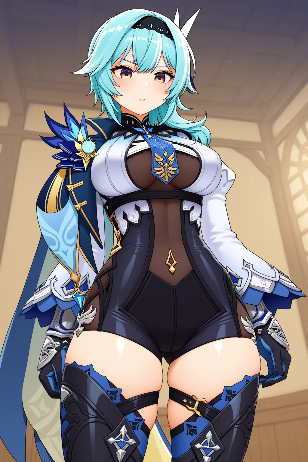masterpiece, best quality, very aesthetic, absurdres, 1girl, mature_lady,,1girl, cuilein-anbar \(genshin impact\), genshin impact, green hair, purple eyes, long sleeves, hair ornament, long hair, jewelry, open mouth, thighhighs, capelet, hair between eyes,in recreational machine hall,luminous butterflies, fluttering butterflies,from above