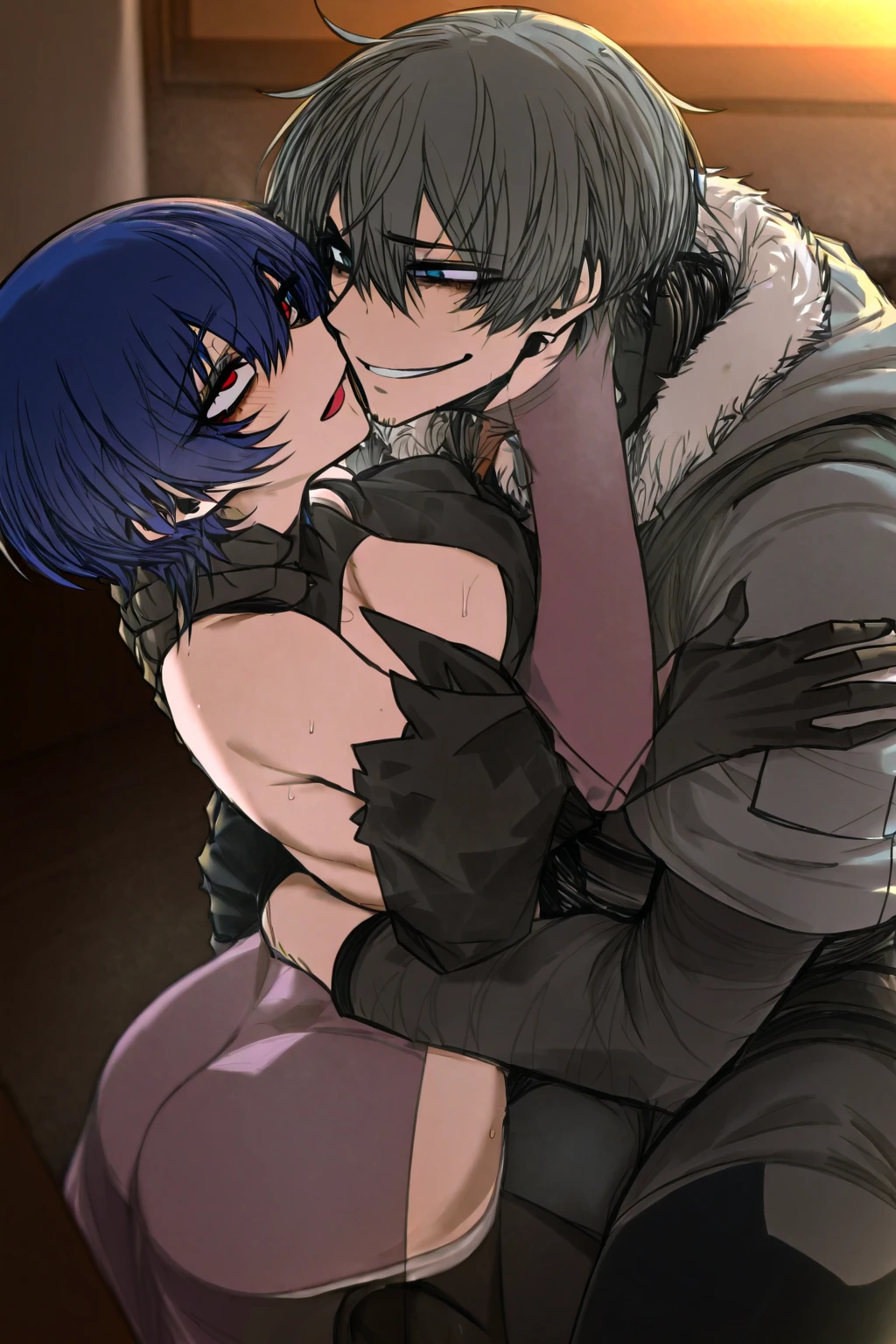 source_anime, rating_explicit, score_9, score_8_up, score_7_up, black_hair, goth, gothic, short_hair, looking at viewer, crop top, skirt, thighhighs, black clotges, goth girl, ikuchan, 1boy, 1cuck, standing side by side, faceless male, ), muscular male, ((size difference)), clothed, gyaru fashion, breast grab, cuckold pov, ((netorare)), ((ntr)), cuck, cuckolding, ((light skinned male)), ((cuck)), ((bleached)), ((wmaf)), white male Asian female, indoors, male head out of frame, huge testicles, huge penis, nude male