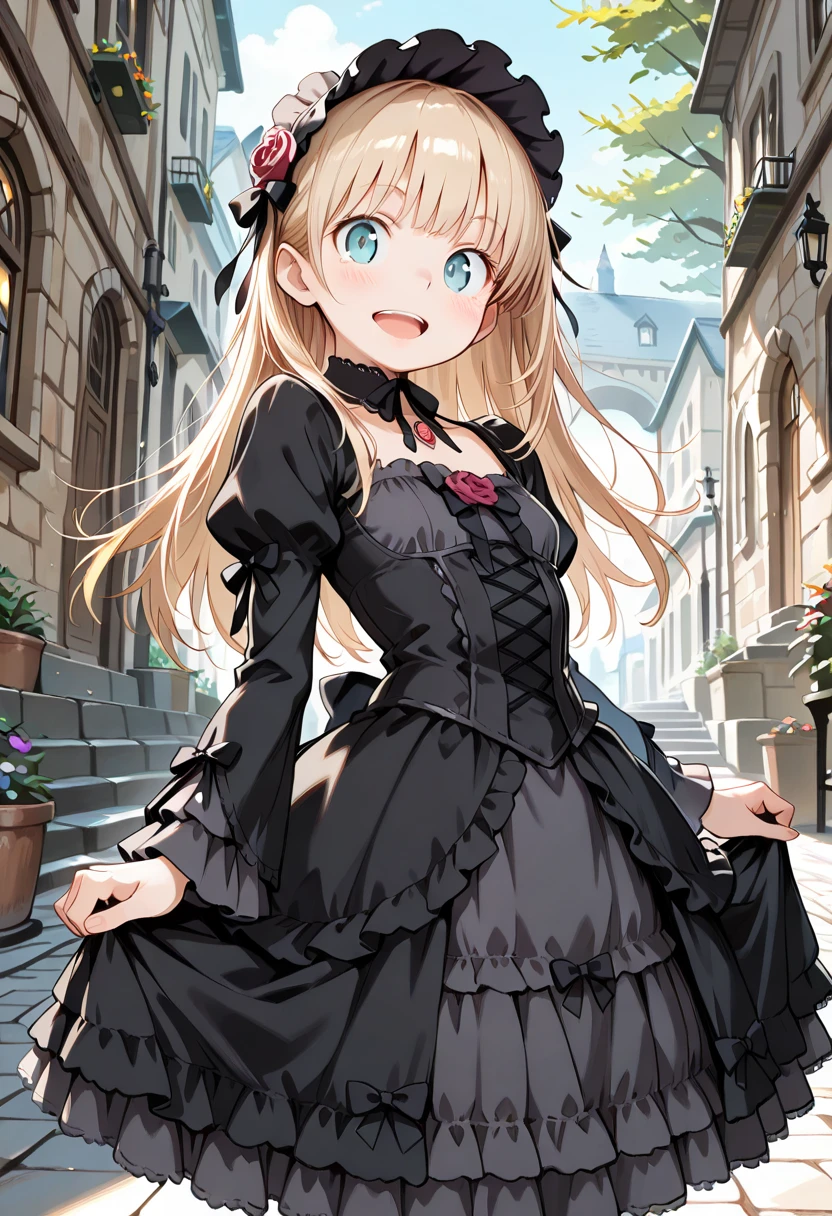 A cute anime-style girl standing in a narrow alleyway, facing the viewer, dressed as a 'Jirai-kei' girl with gothic fashion, dark clothing, chains, studs, and heavy makeup. Focus on the character, making her look adorable with large expressive eyes, detailed clothing, and a slightly mysterious expression. The alleyway background is blurred to keep the focus on the girl. (masterpiece: 2), best quality, ultra highres, original, extremely detailed, perfect lighting, anime style, cute, big eyes