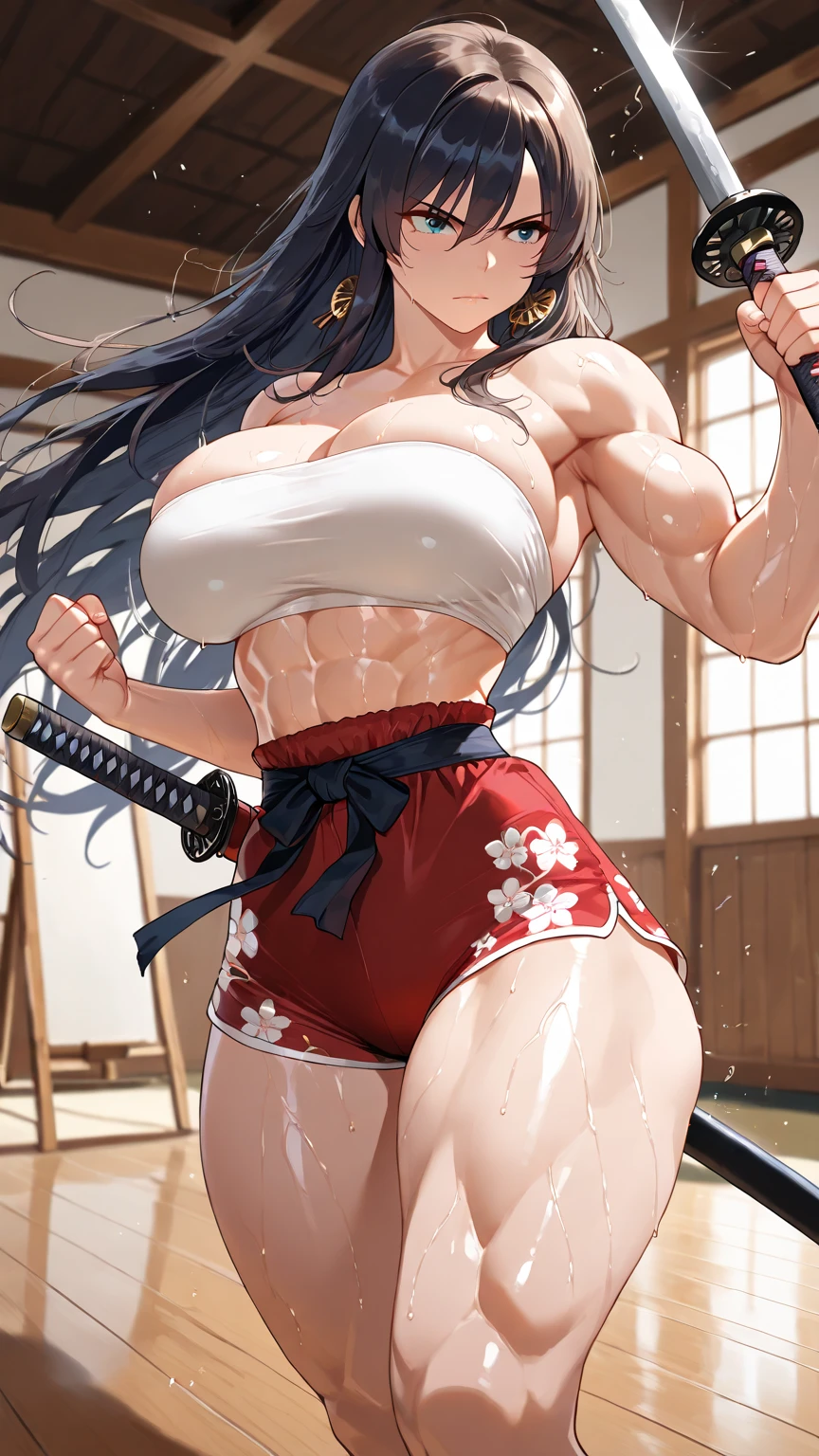 Best quality,8K,ultra high res:1.5),(Pretty very very long ponytail hair tied with red ribbon girl),(Huge breasts:1.20),(very voluptuous body),(very voluptuous thigh),(body builder girl:1.5),(wide muscle:1.8),(light smile),(eyes to camera),(light black hair),(red short skirt),(small nipples),(sexy abdominal muscles),(standing),(black shoes),(blue eye ball),(naked)