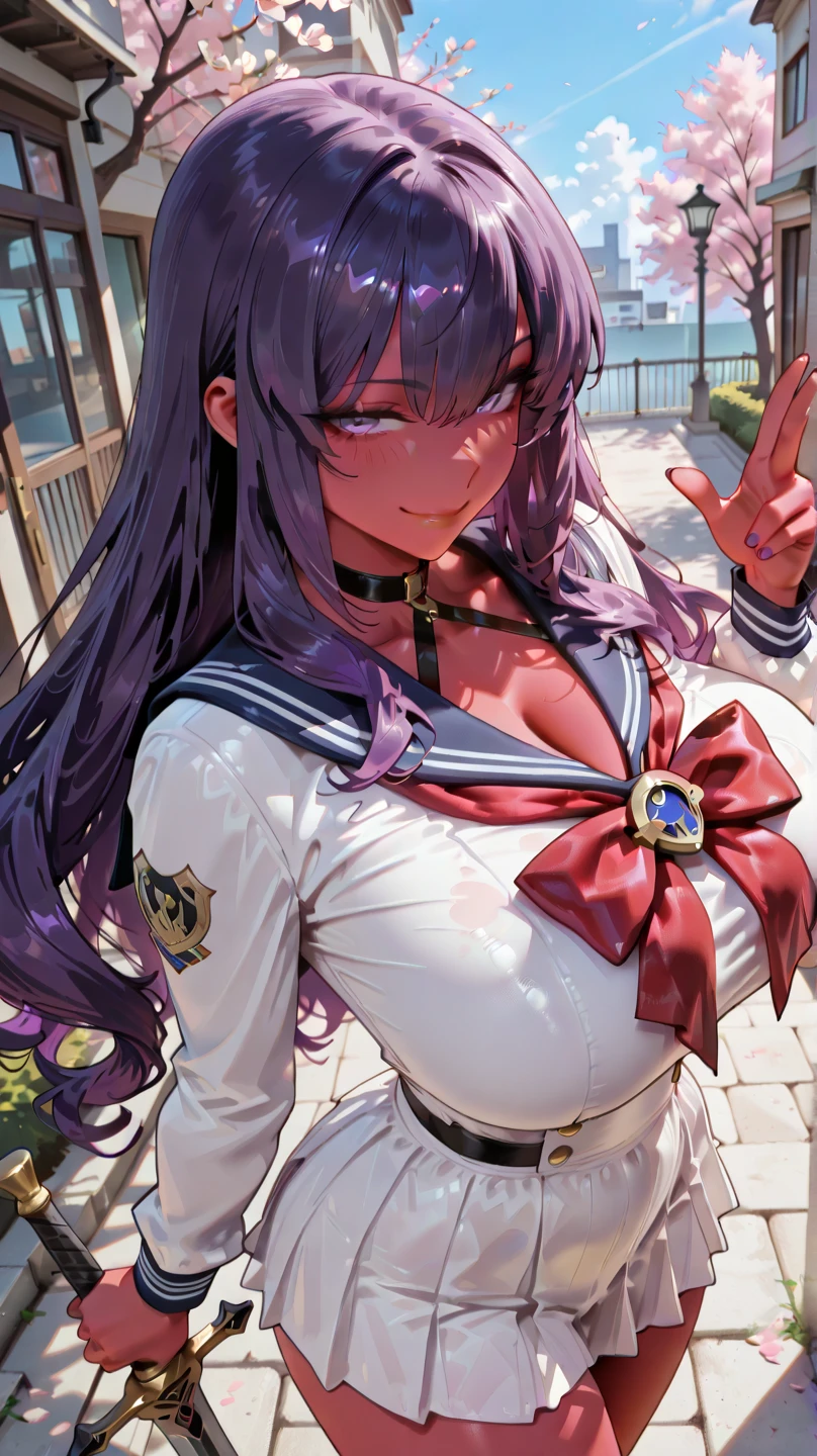 score_9, score_8_up, score_7_up, score_6_up, score_5_up, score_4_up, 
simple background, gradient background, 
refraction, caustics, rim lights, backlighting, bloom, 
BREAK
source_anime, day, outdoors, sky, sunset, evening, 
BREAK
bb \(fate\), 
1girl, purple eyes, purple hair, very long hair, blush, smile, open mouth, 
huge breasts, thighs, steam, 
black coat, black skirt, high-waist skirt, black thighhighs, open coat, white gloves, popped collar, black and purple coat, 
hair ribbon, neck ribbon, red ribbon, 
looking at viewer, (from side:0.7), sideboob, 
<lora:M-Da_S-Tarou-v1-PDXL:1>