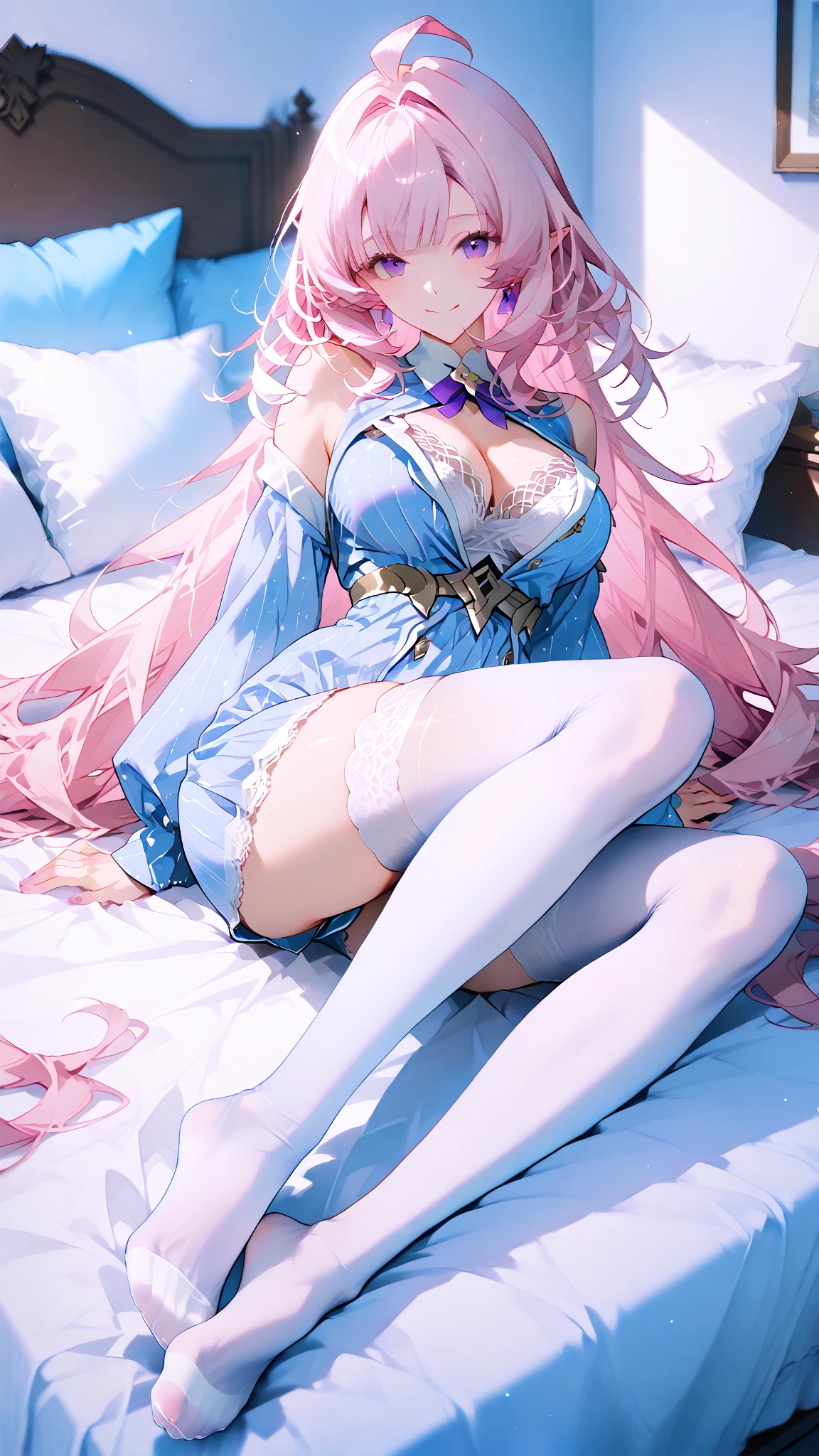 extremely detailed, masterpiece, best quality, absurdres, 1girl, (large breasts),slim, slender, prim_kuroinu, tiara, princess dress, tiara,half body, on bed, on back, pink Hair, exposed belly, Splash Art