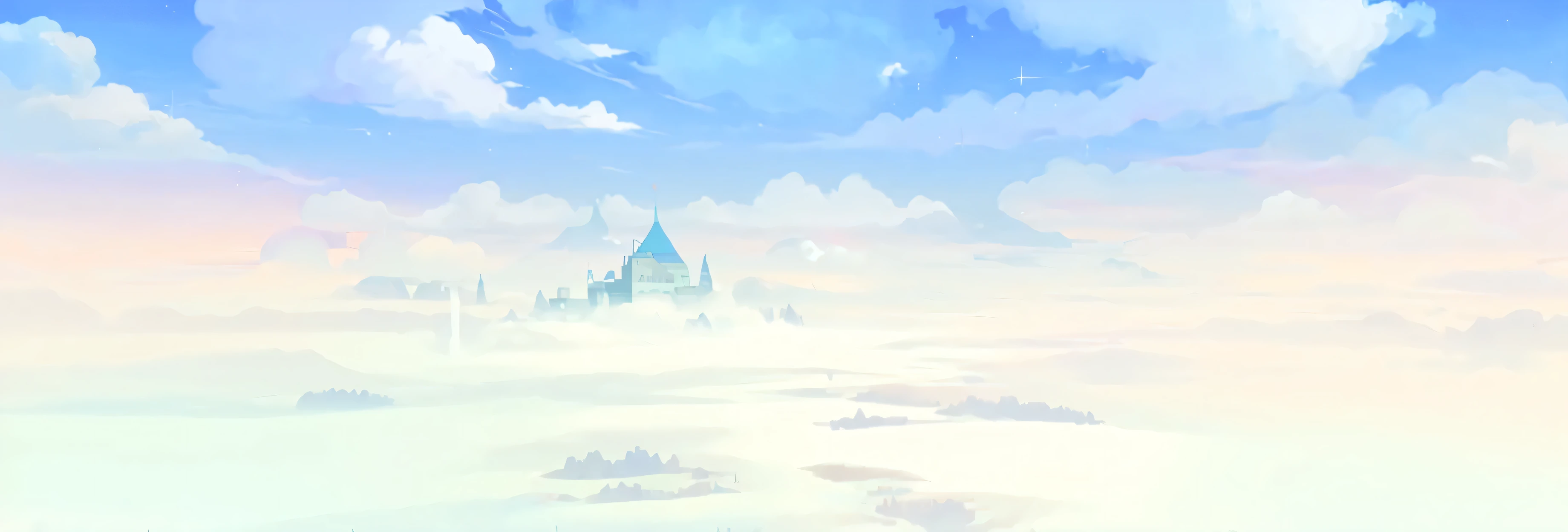 anime scene of a castle in the sky with a lot of clouds, floating lands in-clouds, anime background, studio ghibli sky, icey tundra background, legend of korra setting, anime clouds, beautifull puffy clouds. anime, anime landscape, background art, distant village background, sky!, anime movie background, anime background art, heaven planet in background