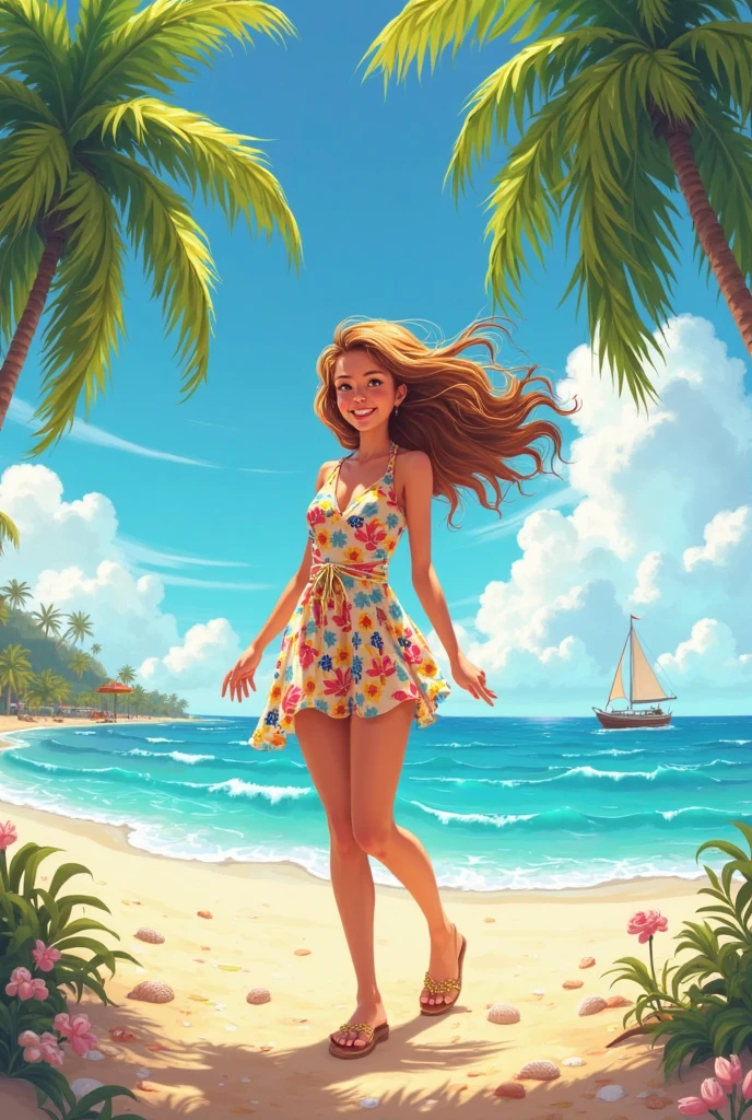 1girl, solo, standing, bright sunlight, happy and carefree, digital painting style, long blonde hair, beach waves, no hair accessory, sparkling green eyes, beaming smile, average breast size, summer dress, floral print, barefoot, tropical beach background, palm trees, clear blue sky, beach umbrella, beach ball, seashells scattered in the sand, nude.