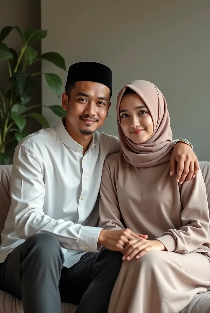 Wide top view,((best quality)), ((masterpiece)), (detailed), perfect face, malay woman wearing hijab, glasses,45 years, a Man 35 year, women ?????,(toplezs, ????), (Droopiest big ??????)), (realistic skin texture), POV shot, anatomical correction, realistic ?????? positioning,((Realistic Ultra ??????)), anatomical correction, Capture the essence of romance and nostalgia as they stand together, man kissing woman shoulder, man hugging woman ???????????, man grabbing woman ?????? ???????????, facing camera,ultra detail, professional photograph with professional lighting, smile, slim,real, background living room 