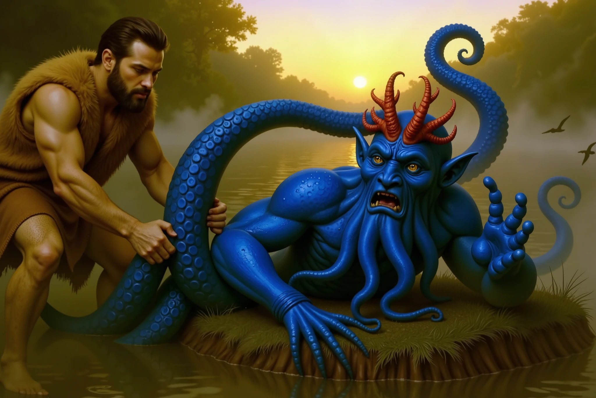 A realistic cinematic scene at dawn showing Hercules on a misty riverbank, gripping the tail of a colossal blue octopus. The octopus has gleaming cerulean-blue mottled skin and enormous tentacles thrashing in panic. Dew sparkles on the creature’s glistening surface as it tries to escape into the river. Hercules wears a lion’s pelt, muscles tense with mythic strength. The golden morning light begins to rise, casting dramatic shadows and illuminating the mist swirling above the water. Ripples spread across the river, as birds take flight and the intensity of the legendary struggle unfolds.