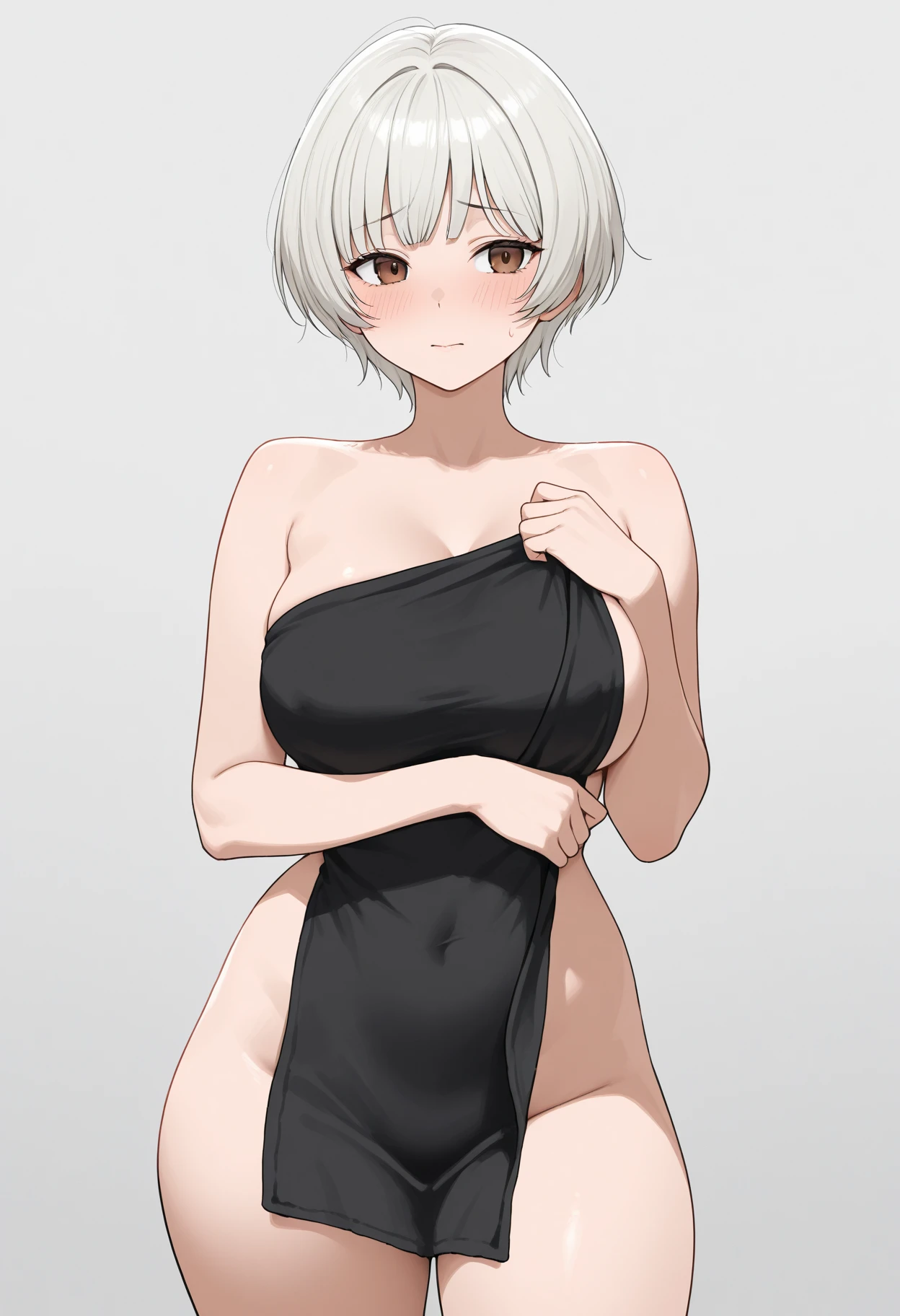 ((full nude))、photostudio、gray wall、Standing in sexy pose,gold necklace、Pearl Earrings、photostudio、gray wall、look at the camera、thighs ,(((white background)))、short hair、