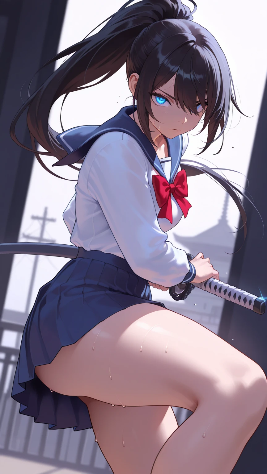 (((masterpiece, highest quality:1.3,absurdres))),cowboy shot,18 year old beauty,solo,((very small head:1.4)),ponytail hair style,long hair,blunt bangs,black hair,glay eyes,Serious expression,blush,medium breasts,((very long body,slender body)),skinny,gleaming skin,shiny skin, ,(High leg white leotard、Short sleeve、Navy blue sailor collar、Red neckerchief、white_thighhighs、1Holding a Japanese sword in his hand), ,standing,Abandoned Factory、at night、